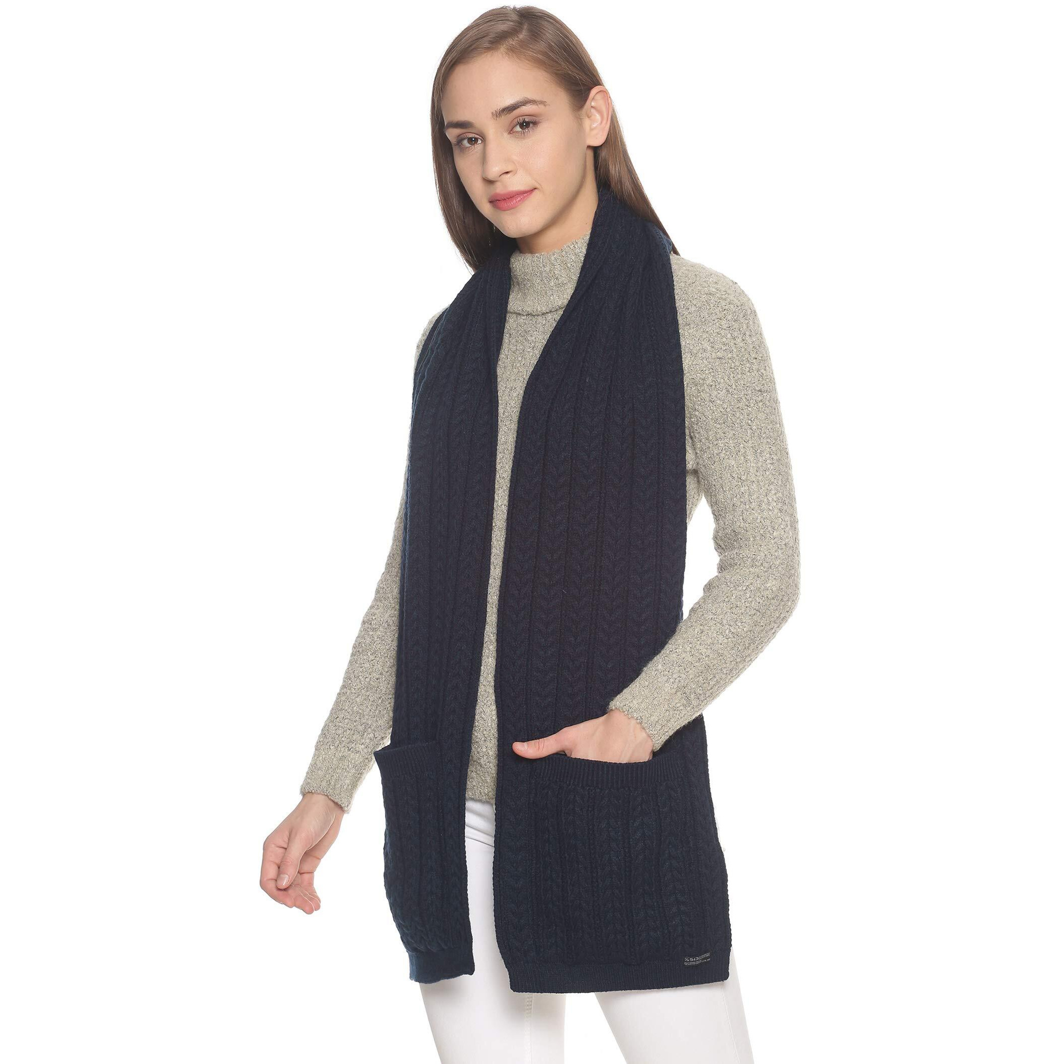 513 WOMEN Acrylic Woolen Self Design Casual Warm Winter Wear Muffler With Pocket Scarf Stole