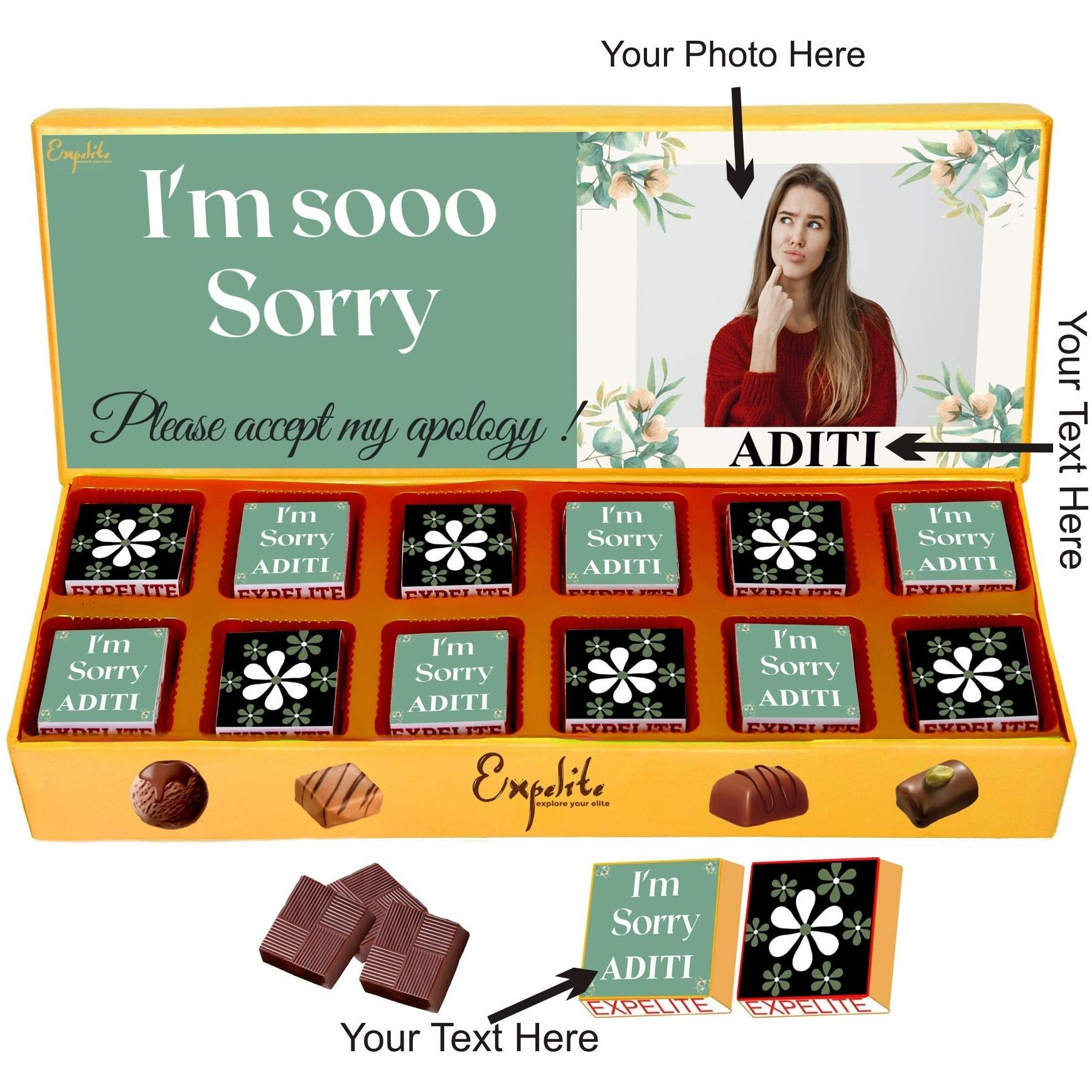 Expelite Personalized Apologize Chocolate Gift for Girlfriend - 12 pc Sorry with Chocolate and Flowers Gift for Boyfriend