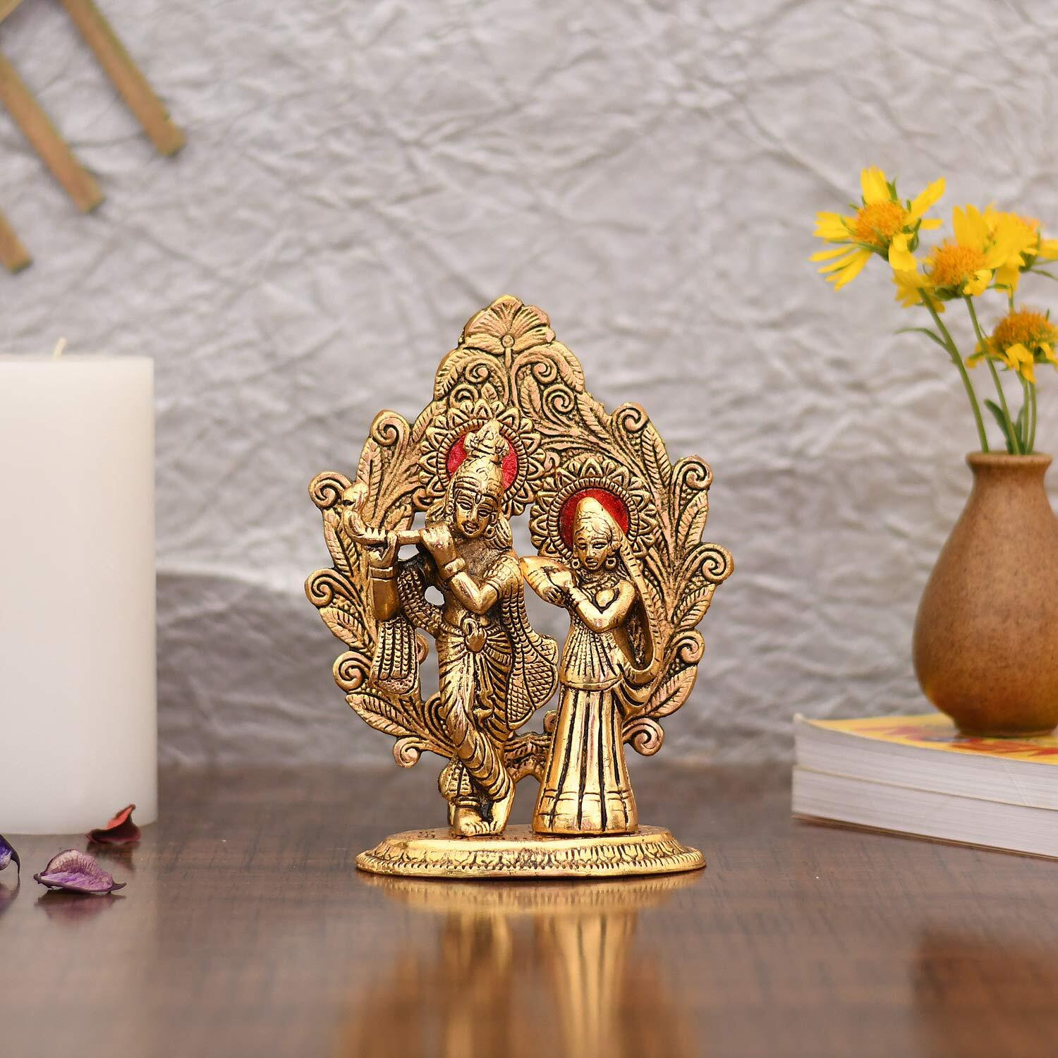 Collectible India Gold Plated Metal Radha Krishna Statue - Radha Krishan Idol Showpiece Figurine for Home Office Temple Pooja Decor Gift (Set of 1)