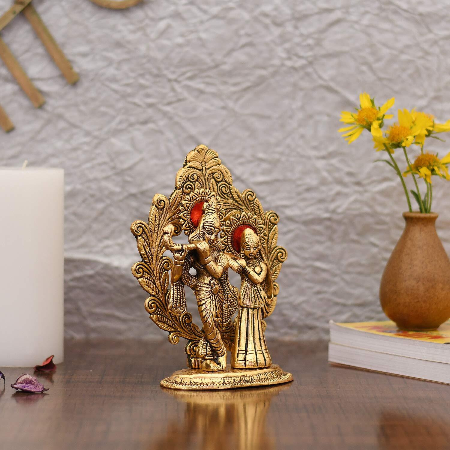 Collectible India Gold Plated Metal Radha Krishna Statue - Radha Krishan Idol Showpiece Figurine for Home Office Temple Pooja Decor Gift (Set of 1)