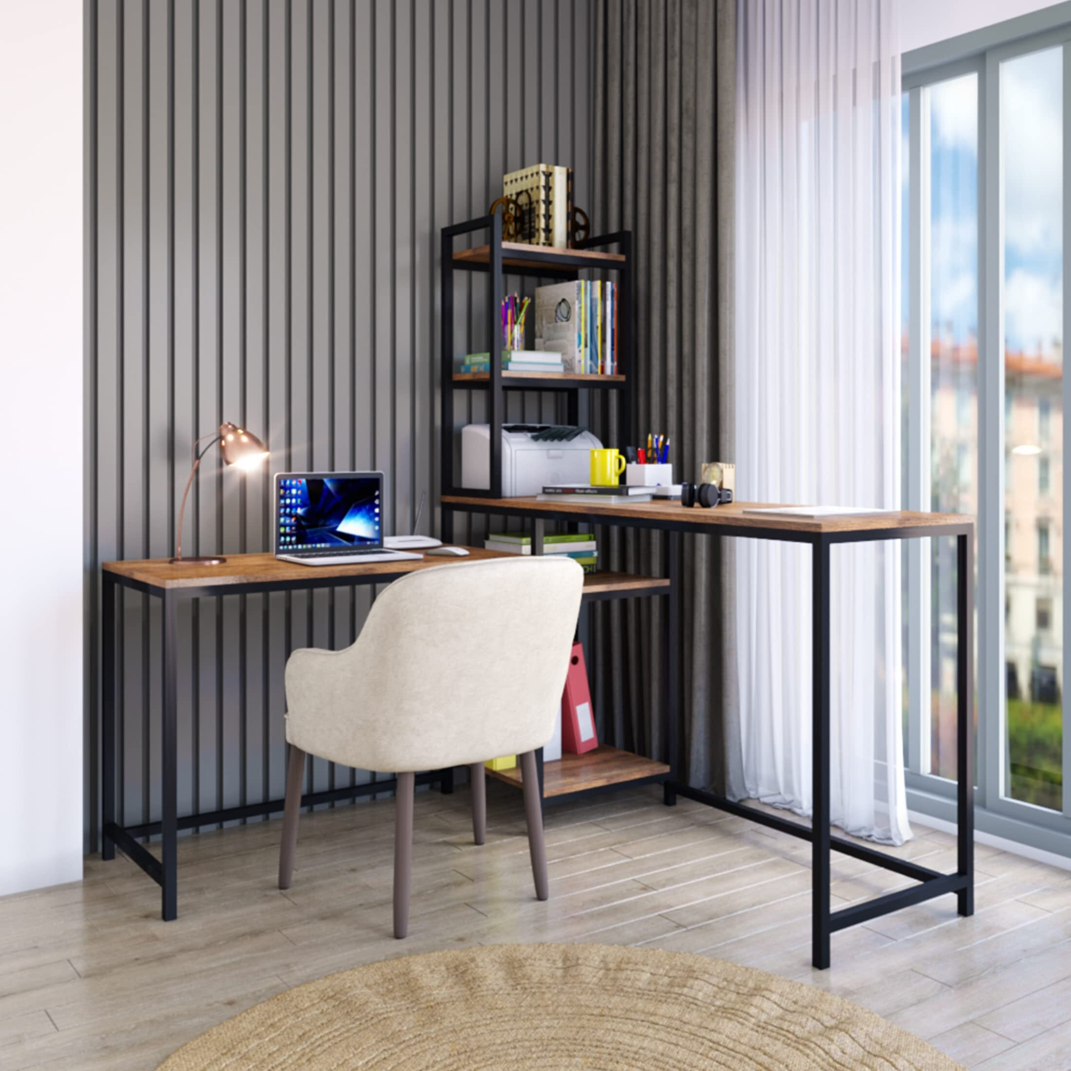 Klaxon l Shaped Study Table for Students and Adults/Computer Table for Home-Office/Computer Desk for Corner/Big Computer Table with Installation (Wood & Metal - Modern)