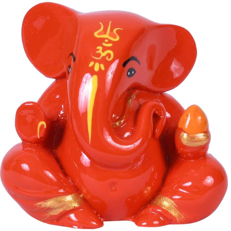 Craftam Polyresin Orange Ganesha Statue for Car Dashboard God Ganesh Murti Ganpati Idol Figurine with Double Side Tape