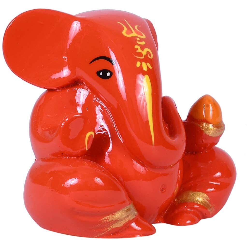 Craftam Polyresin Orange Ganesha Statue for Car Dashboard God Ganesh Murti Ganpati Idol Figurine with Double Side Tape