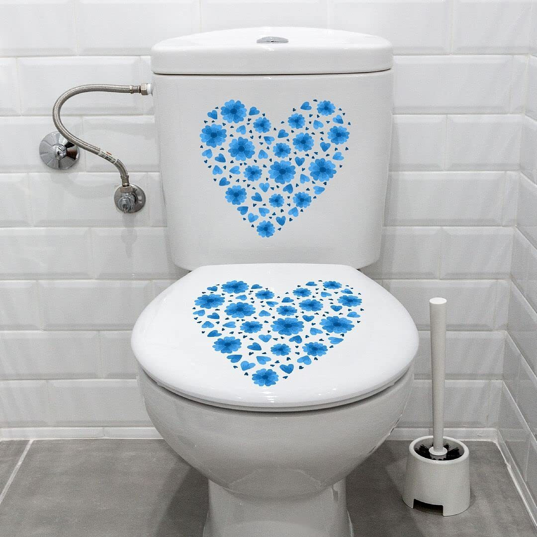 CVANU Beautiful Blue Flower with Hart Shape Design Toilet Seat Stickers Decals Self-Adhesive Removable PVC Vinly (10x10) NCH, Pack of 2