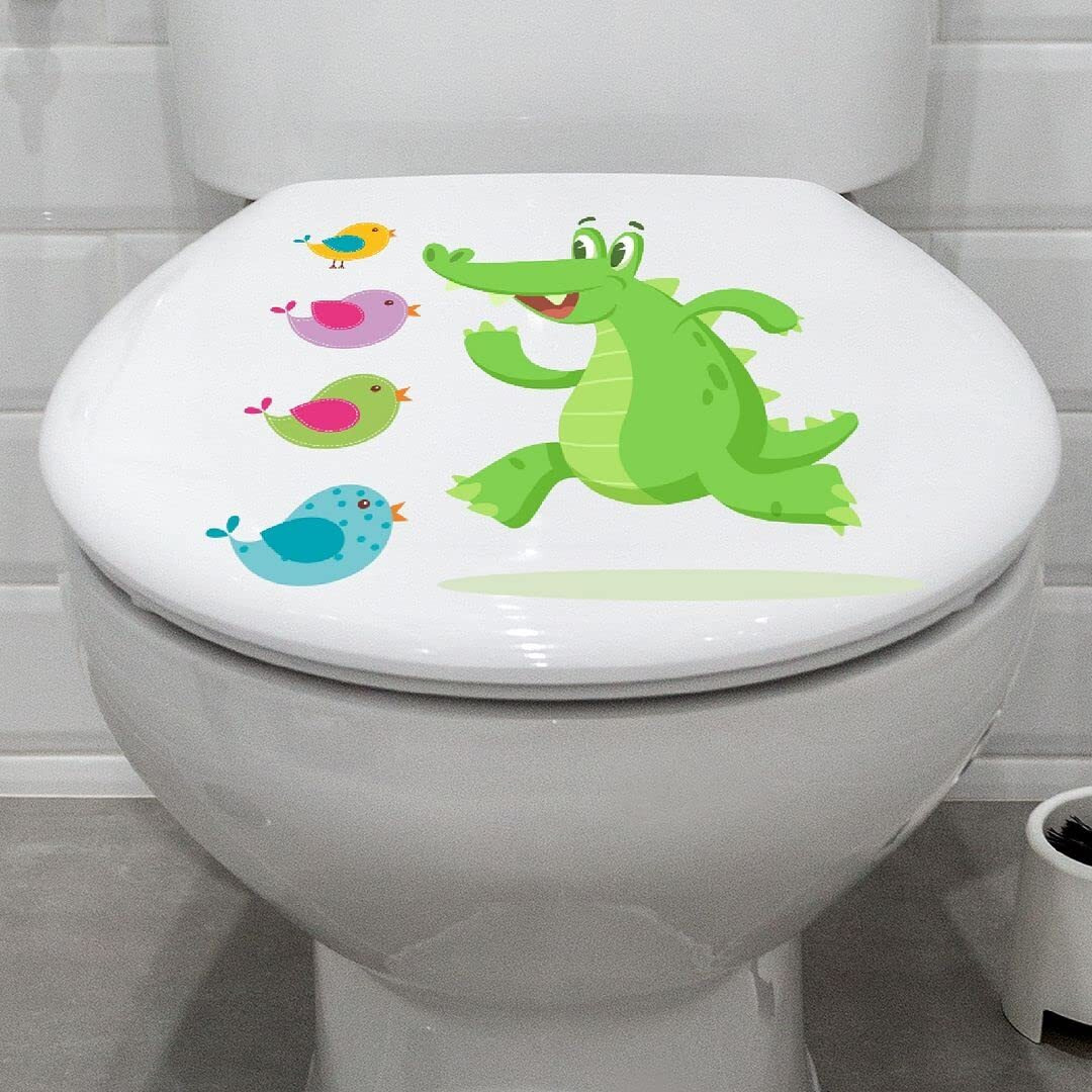 CVANU Cute Cartoon Crocodile and Birds Design Toilet Seat Stickers Decals Self-Adhesive Removable PVC Vinly Waterproof (10x10) inch, Pack of 2