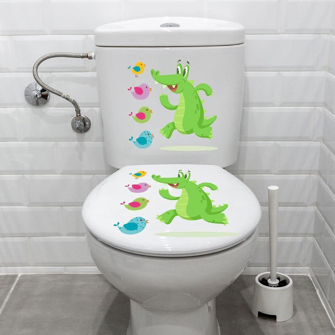 CVANU Cute Cartoon Crocodile and Birds Design Toilet Seat Stickers Decals Self-Adhesive Removable PVC Vinly Waterproof (10x10) inch, Pack of 2