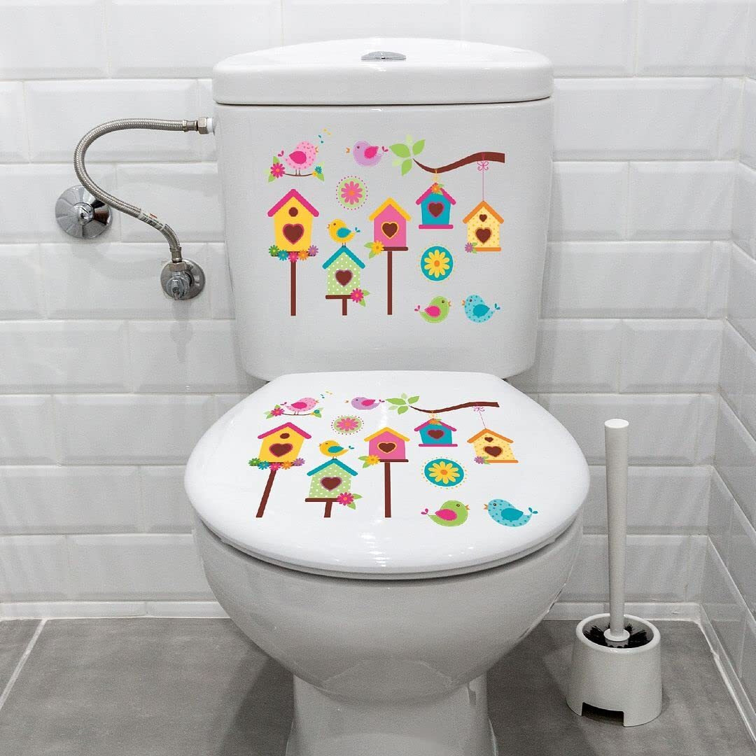 CVANU Beautiful Home and Birds Design Toilet Seat Stickers Decals Self-Adhesive Removable PVC Vinly Waterproof (8x10) inch, Pack of 2