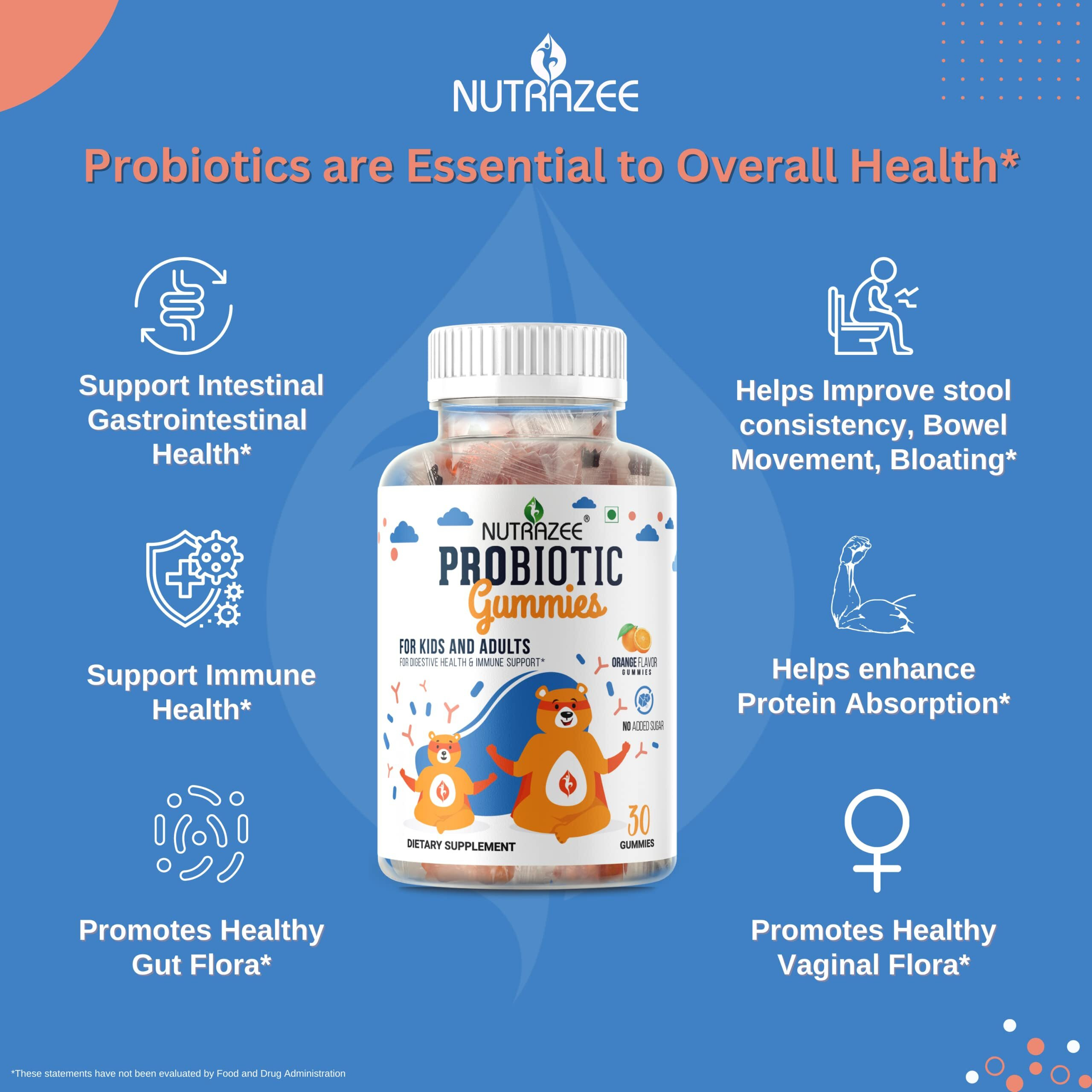 Nutrazee Probiotic Gummies With 2 Billion CFU, Prebiotic Fiber & Zero Added Sugar Supplement For Kids, Men & Women, Clinically Validated Strain For Digestion, Easy Bowel Movement & Immunity, 30 Gummy Bears