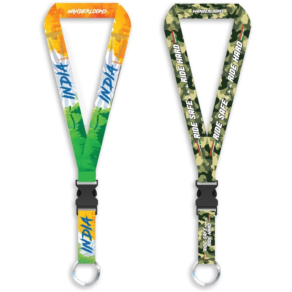 WANDERLOOMS Satin Printed Long Lanyard Biker Keychain Indian Vibes & Ride Safe Ride Hard Detachable Tricolor Key Chain Tags for Bike Rider Cars Home (Pack of 2)