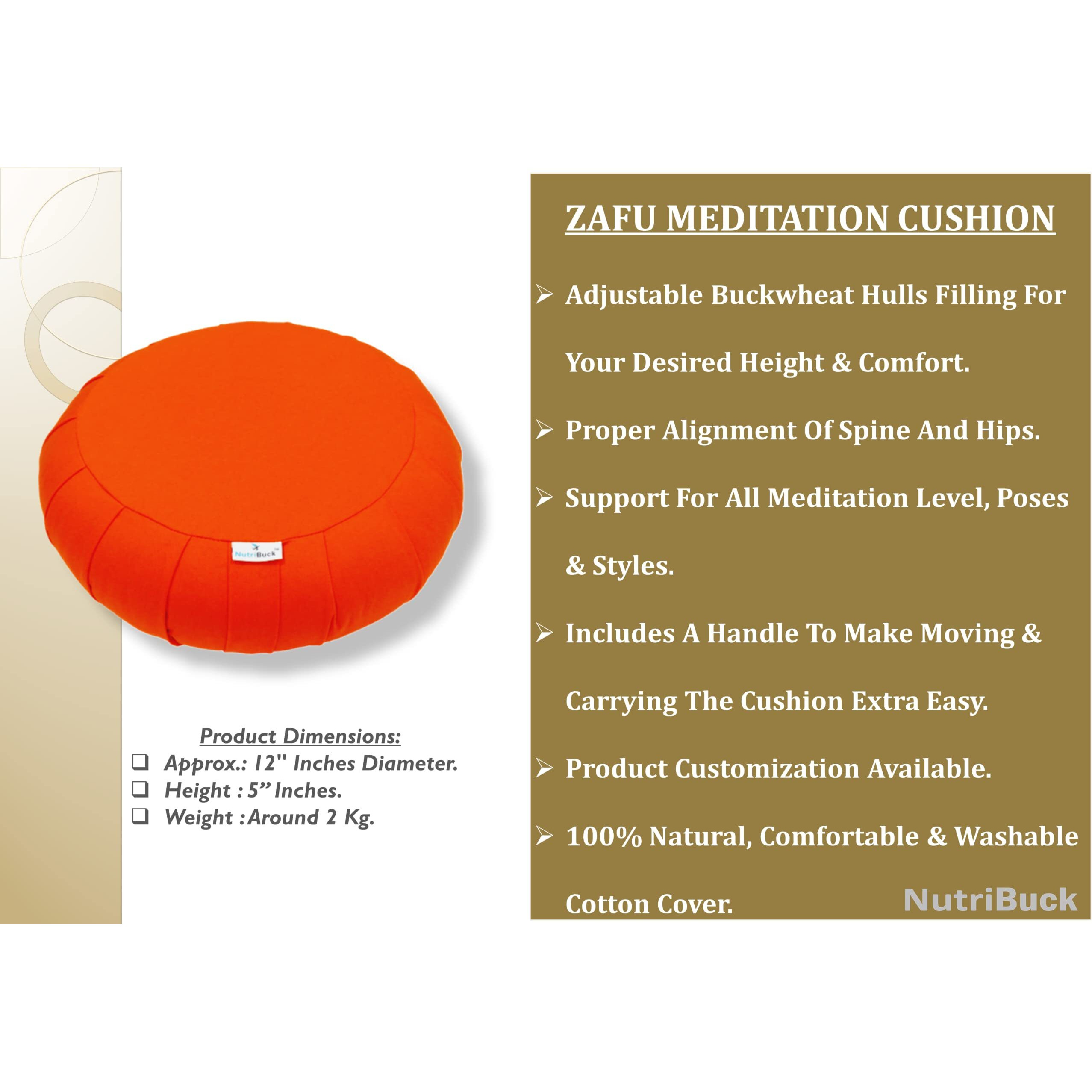 NutriBuck Buckwheat ZAFU Meditation Cushion Filled with Buckwheat Hulls, Elevate Comfort, Posture, and Mindfulness in Your Meditation Practice with Premium Quality Craftsmanship (Orange)