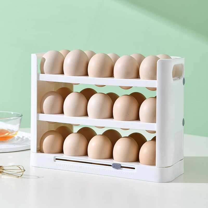 HomeCloud 30 Grid Egg Holder for Refrigerator 3-Layer Flip Egg Storage Container for Refrigerator Door Plastic Reusable Versatile Large Capacity Egg Organizer for Refrigerator (White)