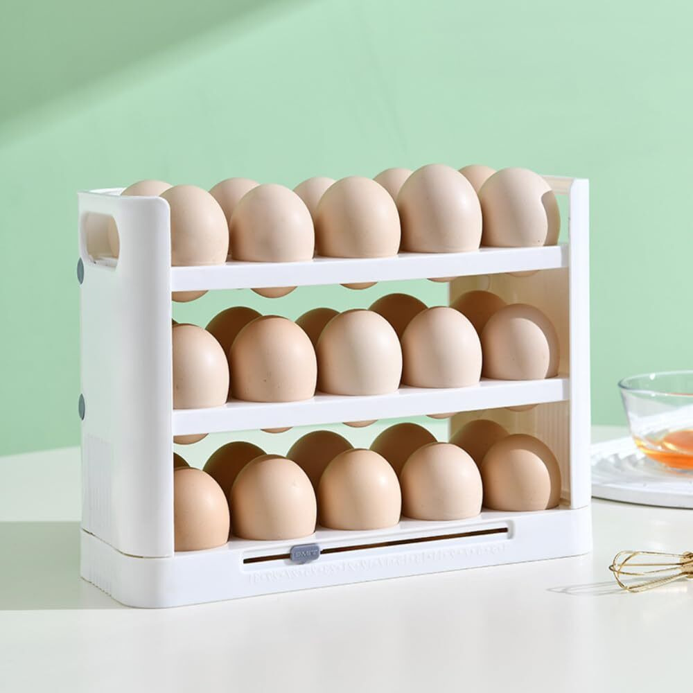 HomeCloud 30 Grid Egg Holder for Refrigerator 3-Layer Flip Egg Storage Container for Refrigerator Door Plastic Reusable Versatile Large Capacity Egg Organizer for Refrigerator (White)