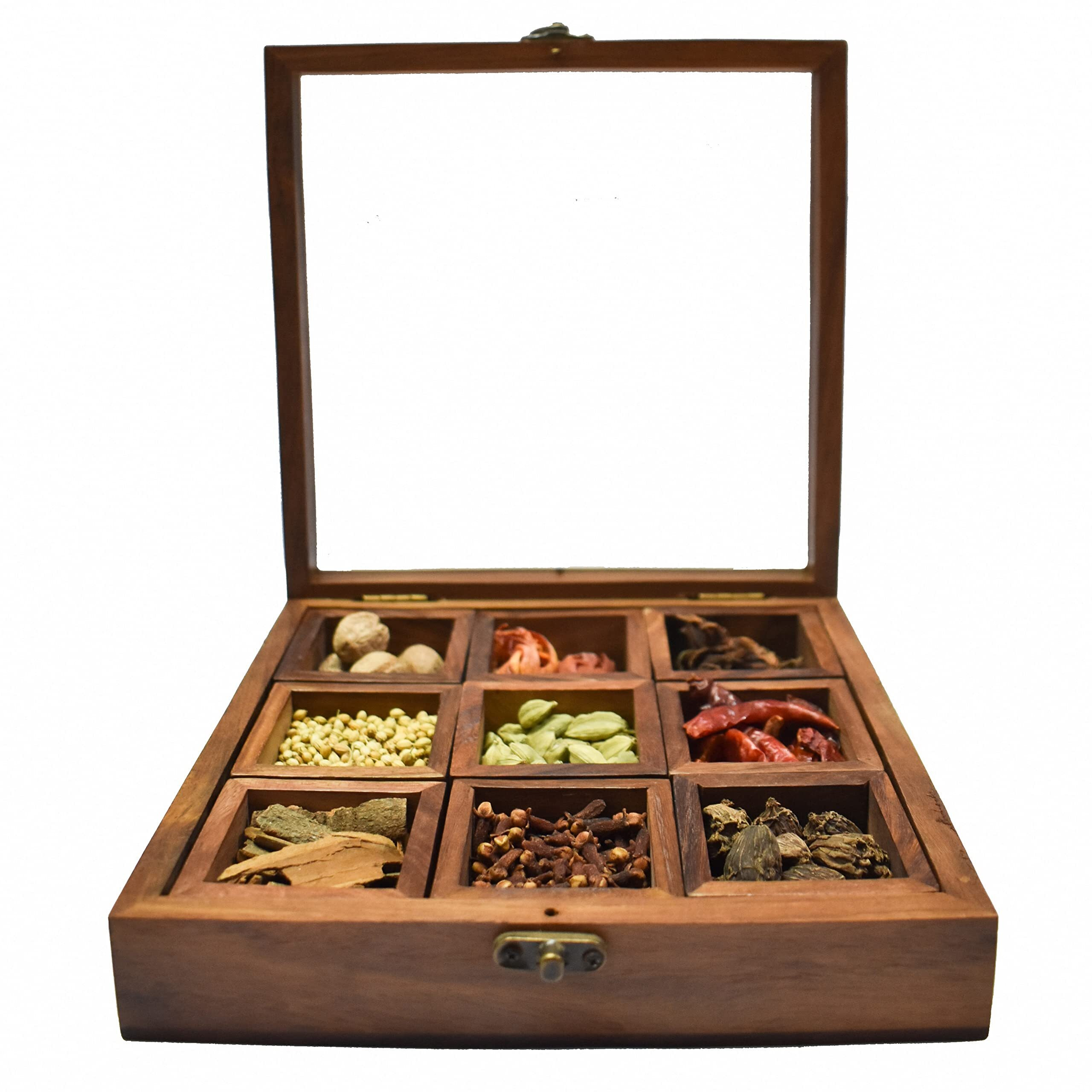 TOM taste of maa, Spice-Fit Box, Whole Spices filled in a Sheesham Wood Spice Box with spoon- (9 Detachable Box)