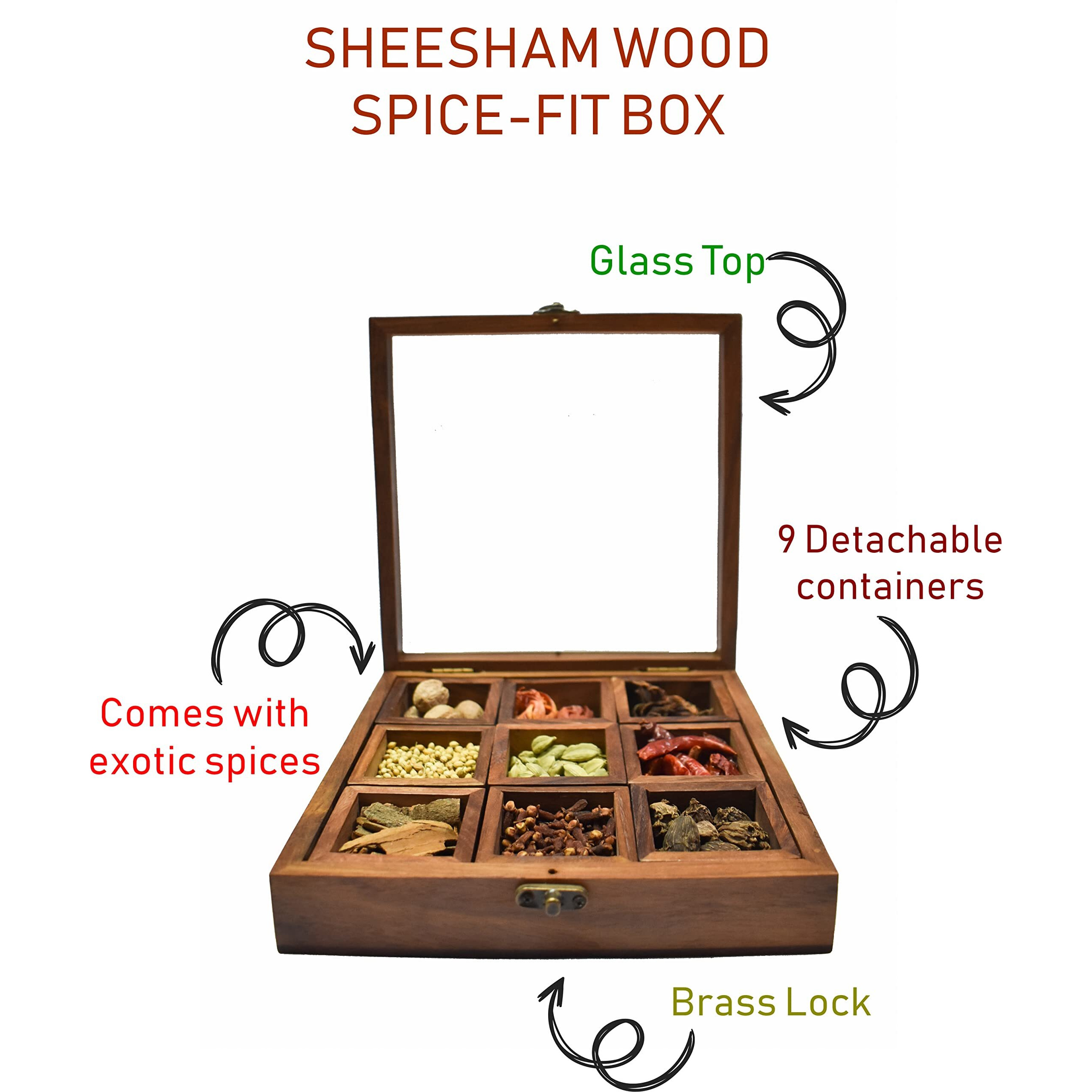 TOM taste of maa, Spice-Fit Box, Whole Spices filled in a Sheesham Wood Spice Box with spoon- (9 Detachable Box)