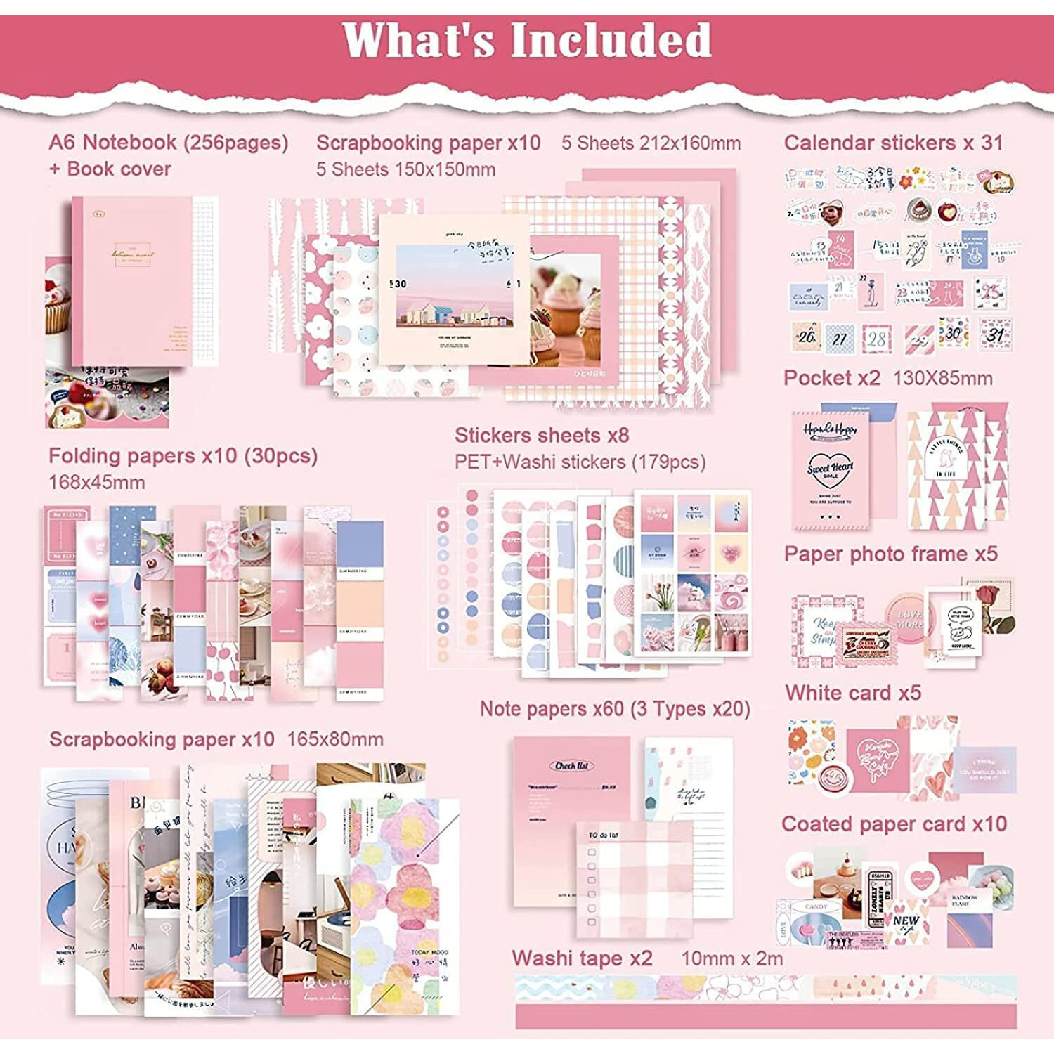 KELUMIE Scrapbook Kit Daily Journal Scrapbooking A6 Grid Notebook Summer Craft ATR Stationery DIY Journaling Craft Kit Gift for Girls, Woman, Kids, Teen (My Sweet Heart)