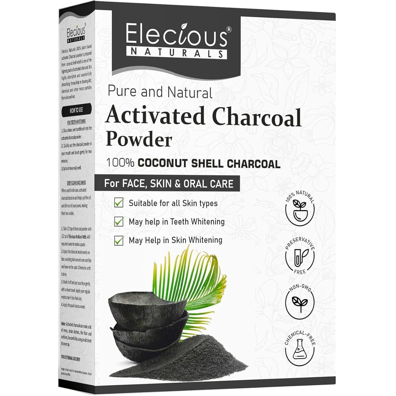 Elecious Naturals Activated Charcoal powder Ideal for face and Skin (200 grams) | Removed dead skin, Impurities and Detoxify Skin |Coconut Charcoal powder | 100% Natural