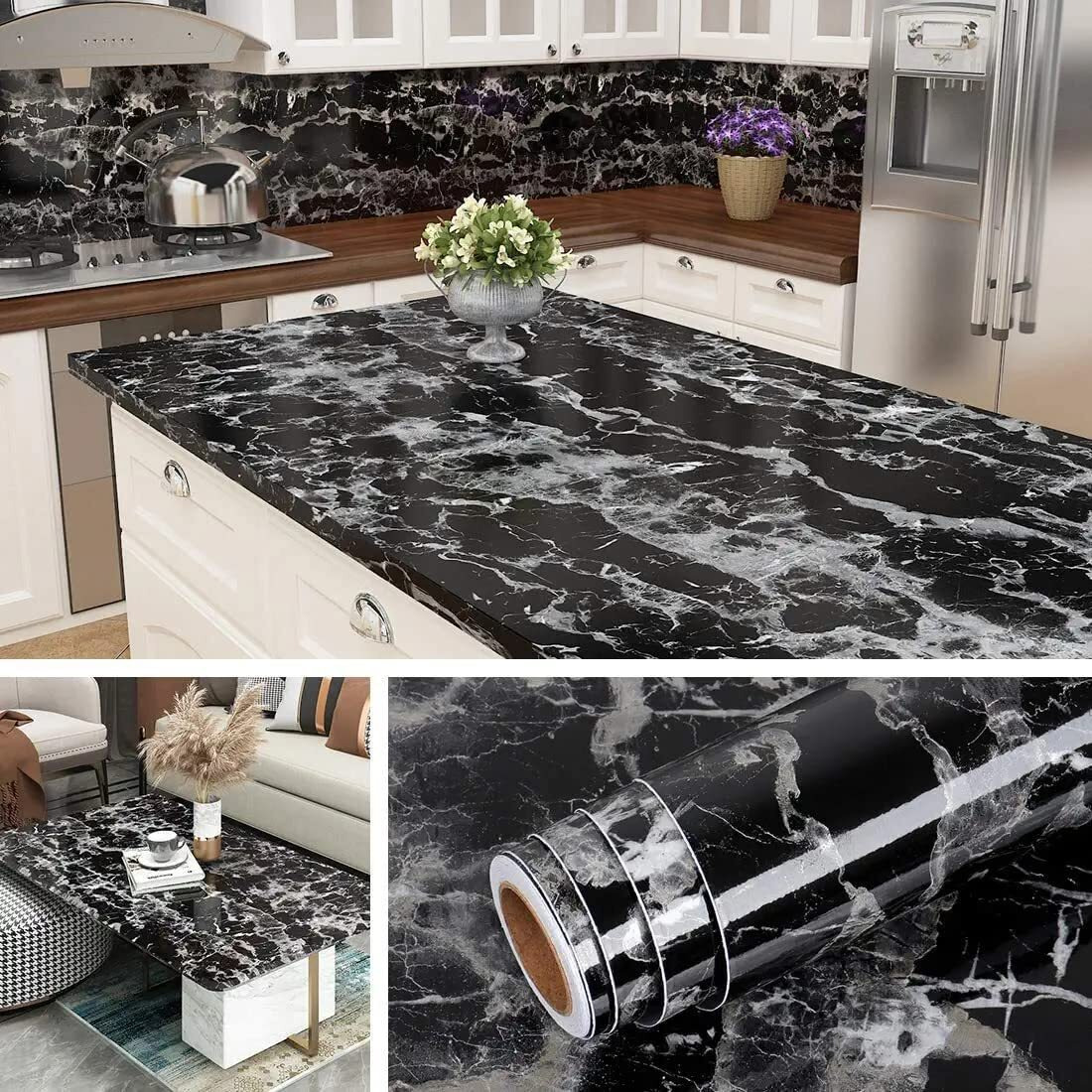 KASHIVAL Black Marble Wallpaper for self Adhesive Black Marble Wallpaper Wall Stickers Oil-Proof Waterproof Wallpaper for Kitchen Marble Contact Paper Vinyl Black Wallpaper Peel and Stick Marble Kitchen Waterproof Wall Sticker (Black Marble A34 60*200 Cm)