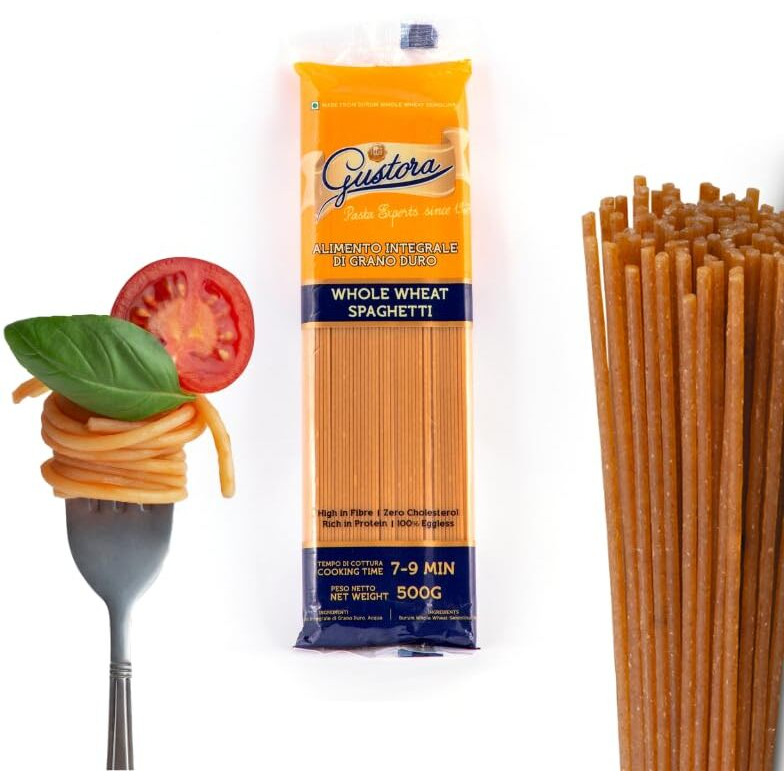 Gustora Whole Wheat Spaghetti Pasta, 500g I Made of Durum Wheat Semolina I Vegetarian I Tasty & Healthy I No Trans-fat I Rich in Protein I Cooking Time 10 Min (500 Gram)