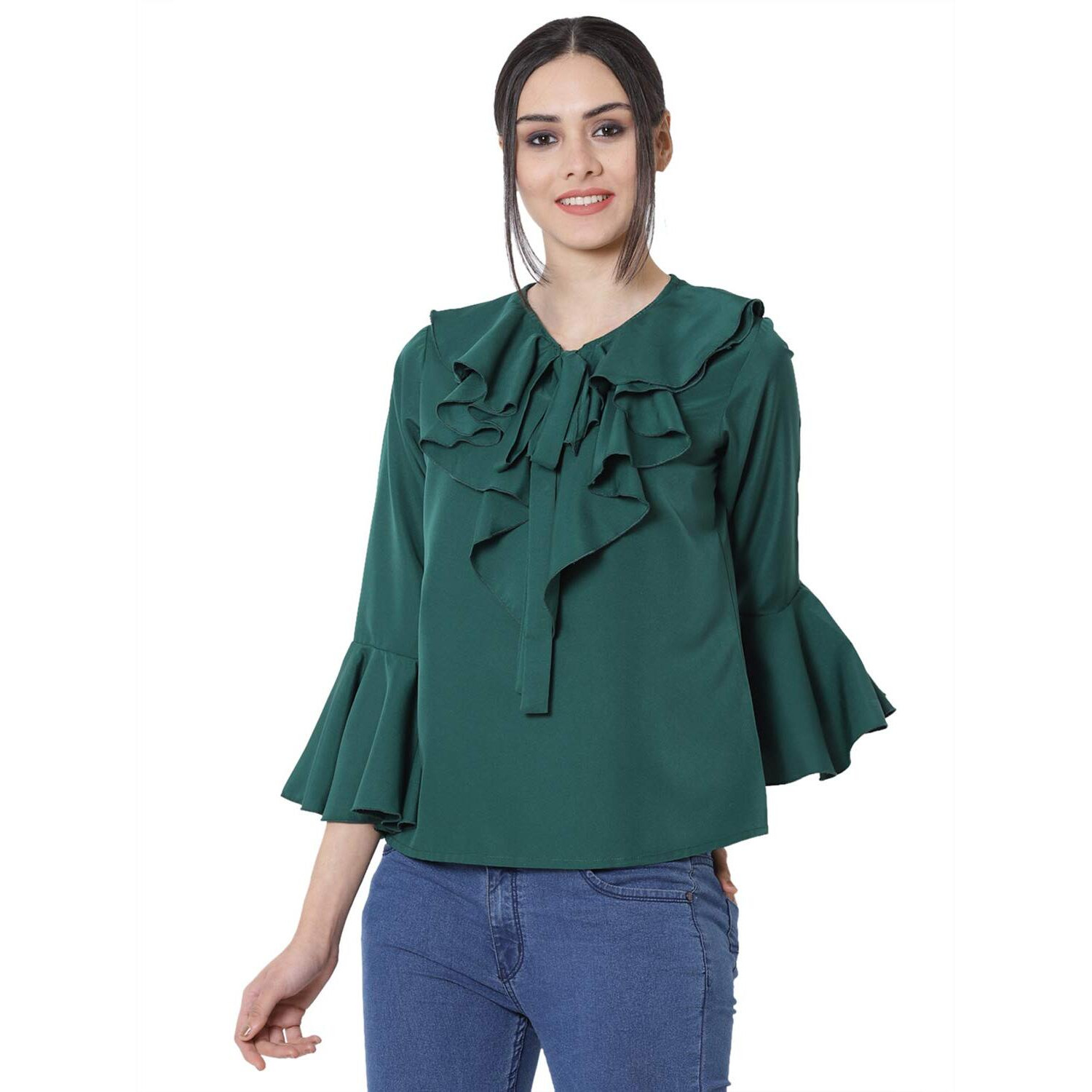 Indietoga Women's Plus Size Crepe Casual Ruffled Neck Tops (10001240_Green Solid_3XL)