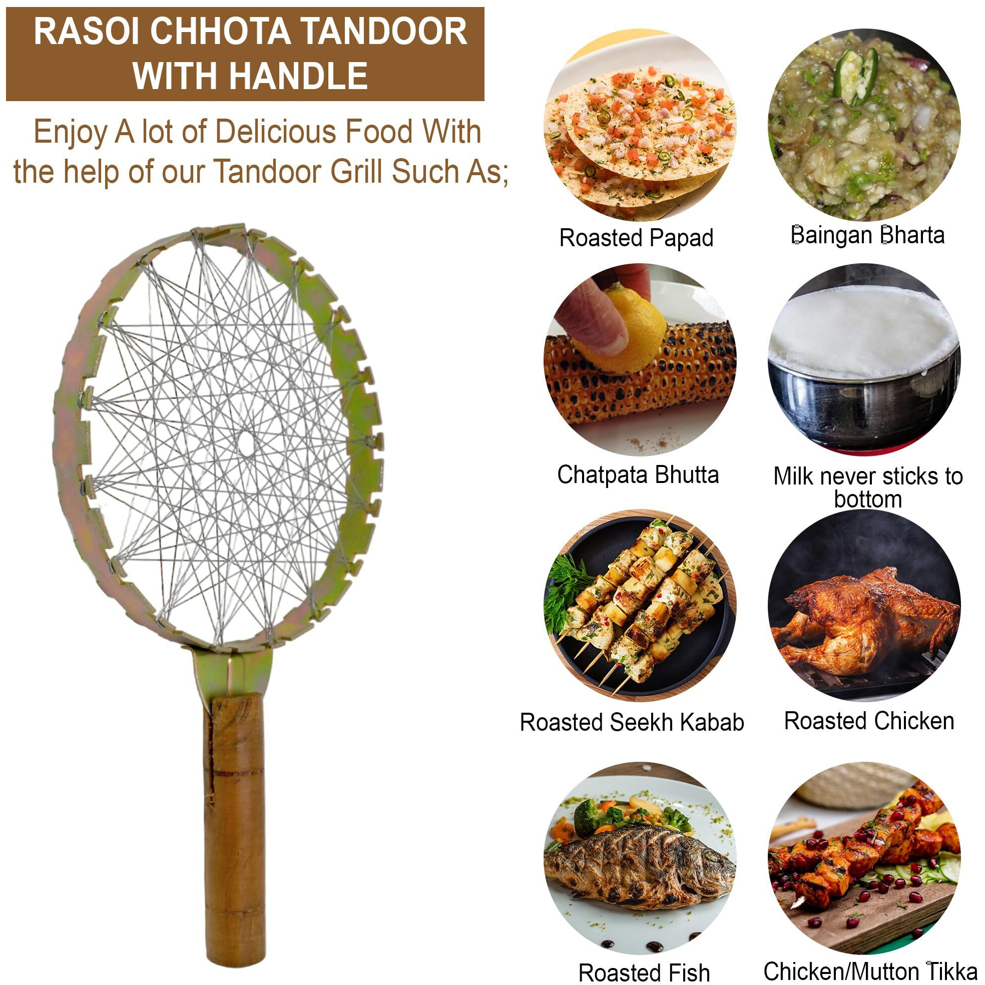 ANSHEZ Chotta Tandoor Lpg Gas Saver Jali | Mini Tandoor, Tandoor Channi, Grill Jalli, Barbeque Net, Gas Tandoor Grill with Wooden Handle, A Must for Every Home - Pack of 1 (Made in India)