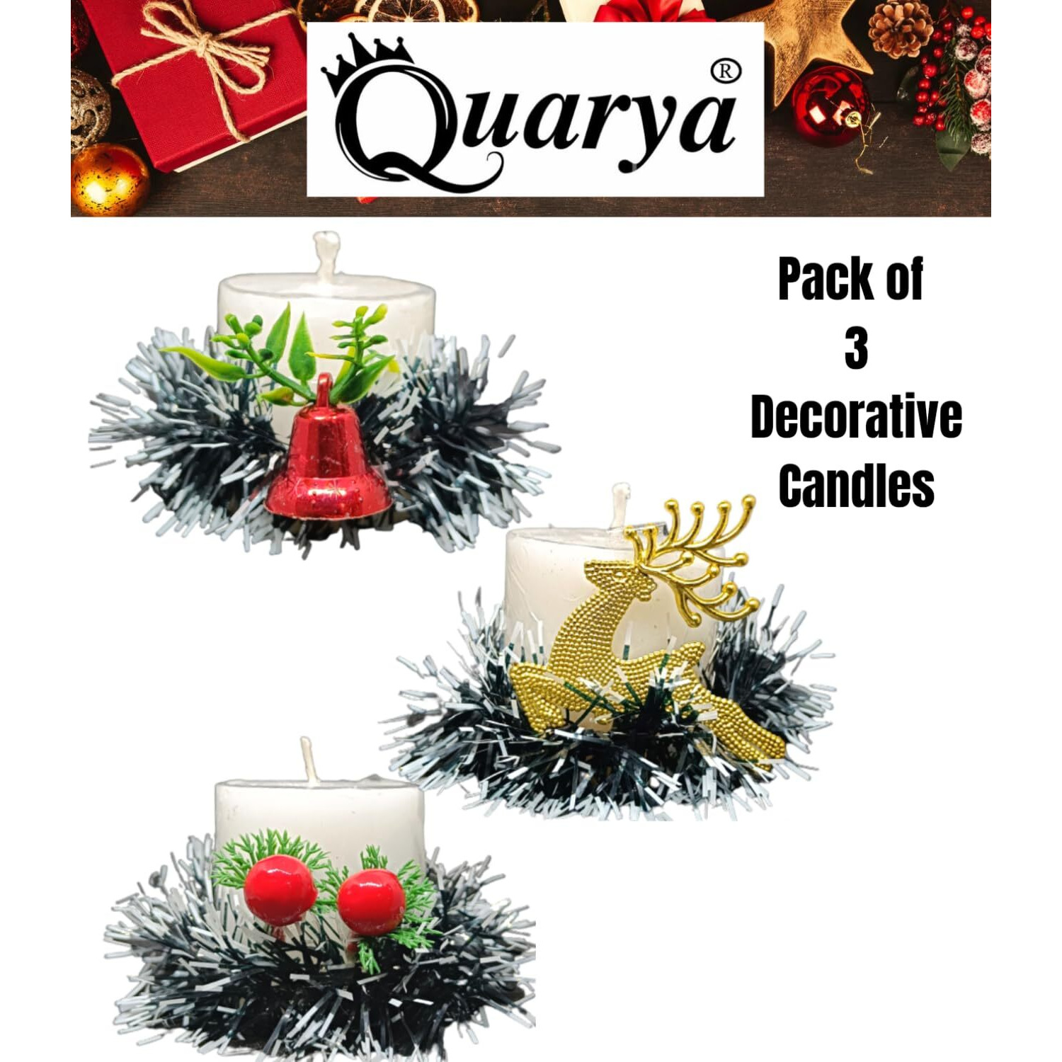 Quarya Decorative Candles White Wax Pillar Round Merry Christmas Candles with Decoration Items for Xmas Santa Candles for Home Office Decoration (Pack of 3)