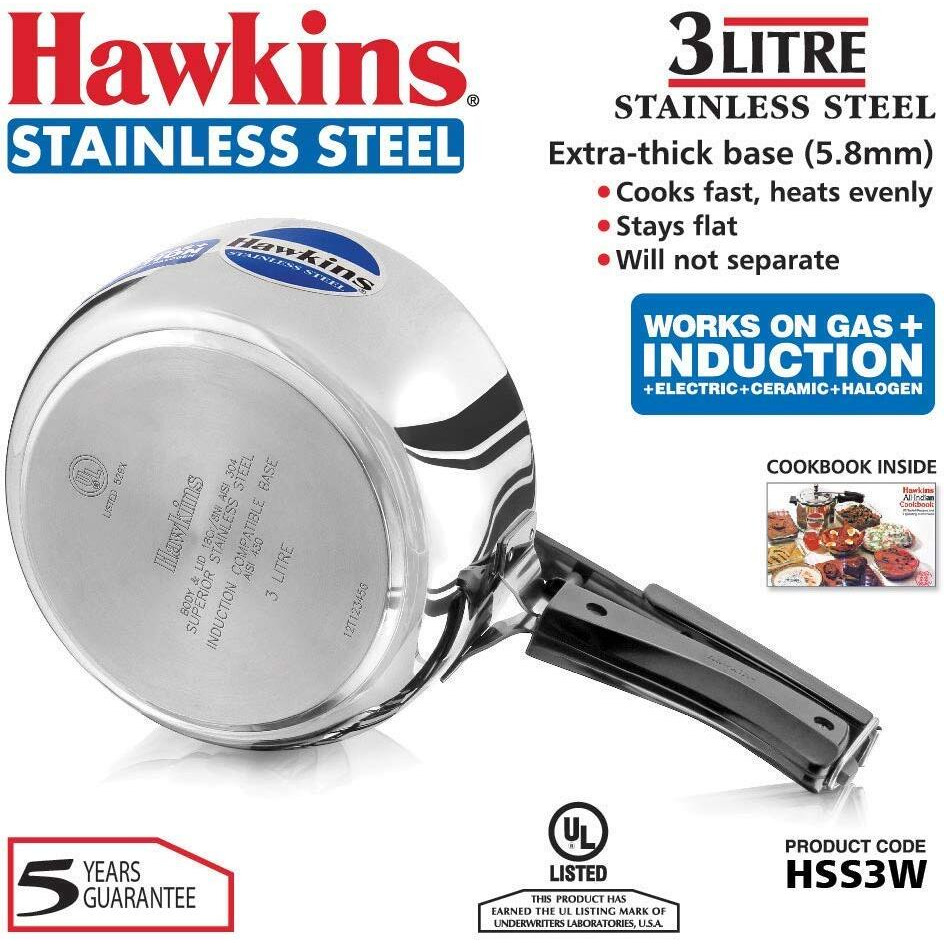 Hawkins Stainless Steel Induction Compatible Inner Lid Pressure Cooker, 3 Litre, Silver (Hss3W) Wide, 3 Liter