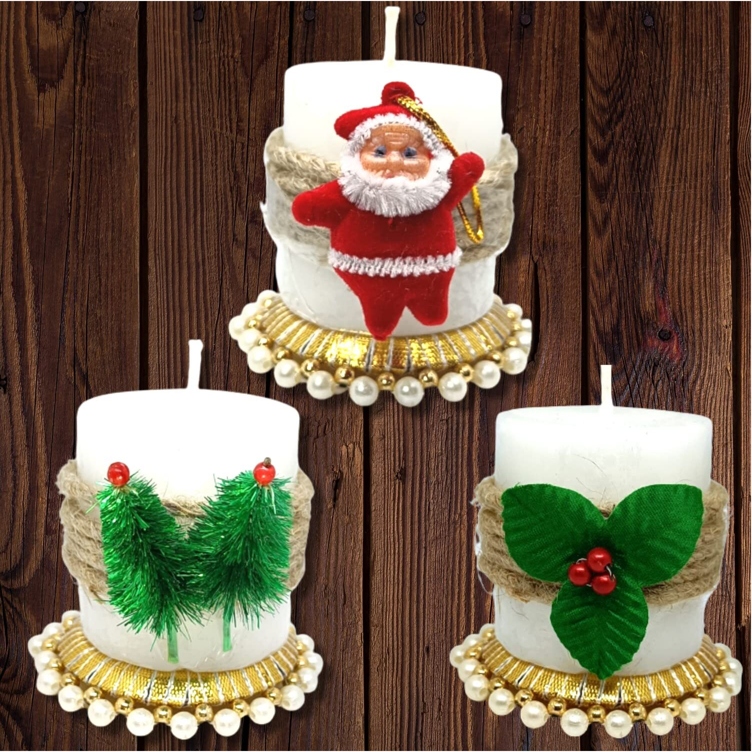 Quarya Decorative Candles White Wax Pillar Design Round Merry Christmas Candles with Decoration Items for Xmas Santa Candles for Home Office Decoration - Pack of 3 Plus 1 Mery Christmas Cut Out