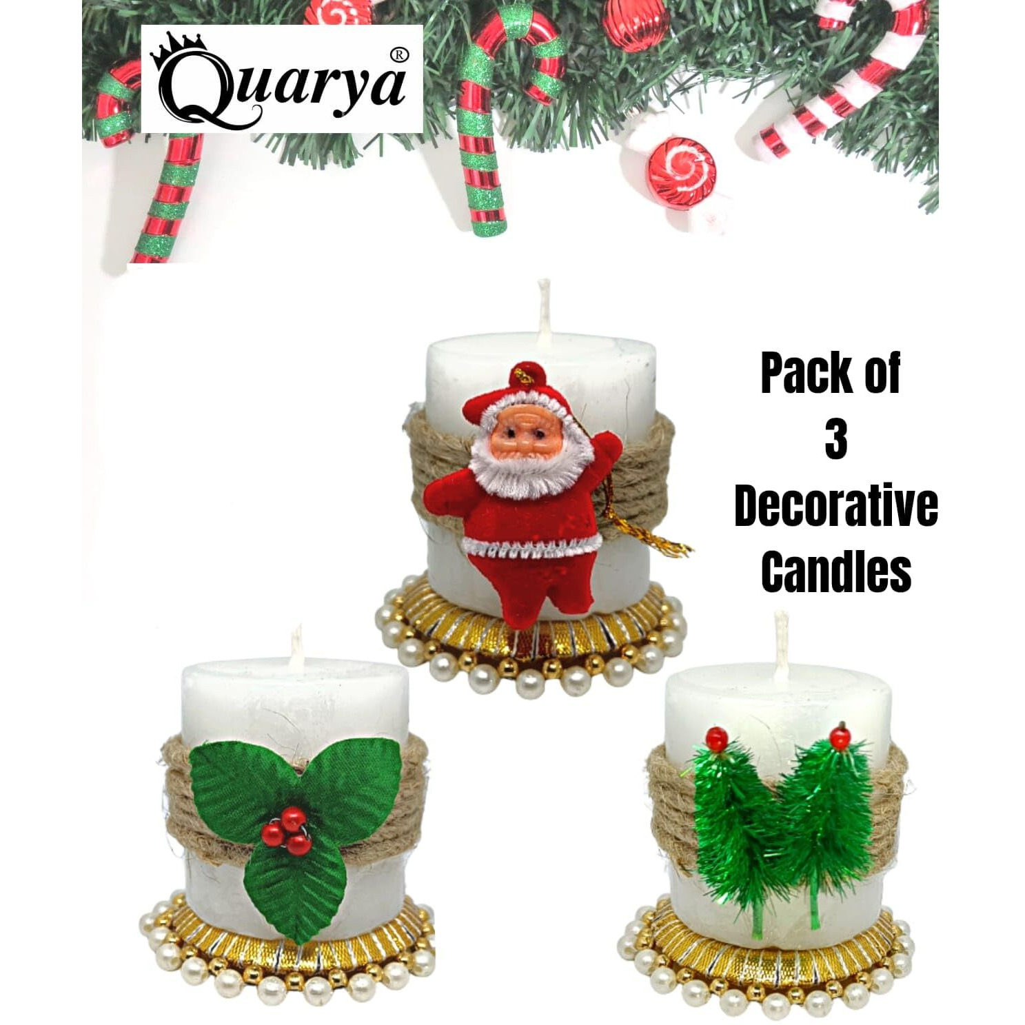 Quarya Decorative Candles White Wax Pillar Design Round Merry Christmas Candles with Decoration Items for Xmas Santa Candles for Home Office Decoration - Pack of 3 Plus 1 Mery Christmas Cut Out