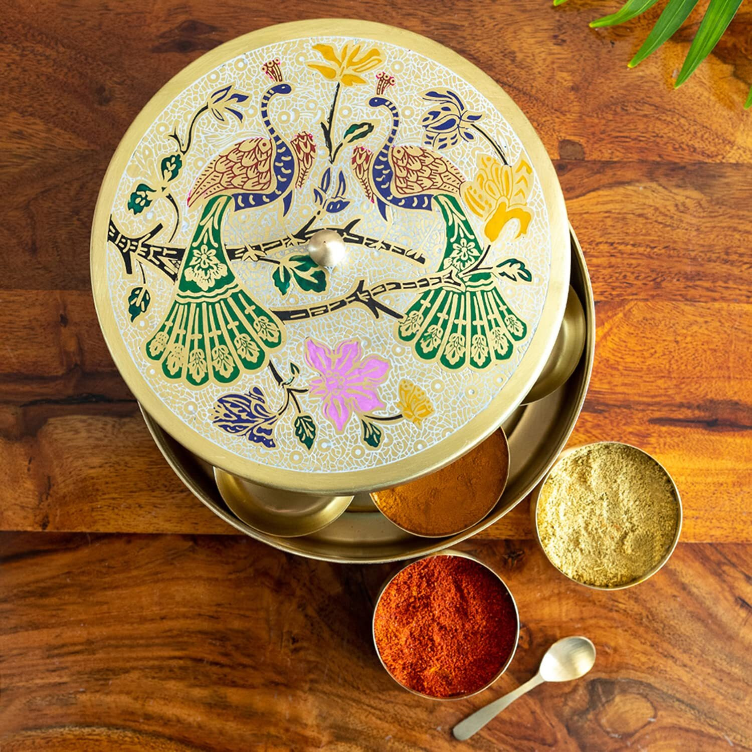 ExclusiveLane 'Peacock Hand-Etched' Brass Masala Box For Kitchen Spice Box With Spoon (Brass, 7 Containers, 110 ML) | Handpainted Masala Dani Spice Containers Brass Spice Box For Kitchen