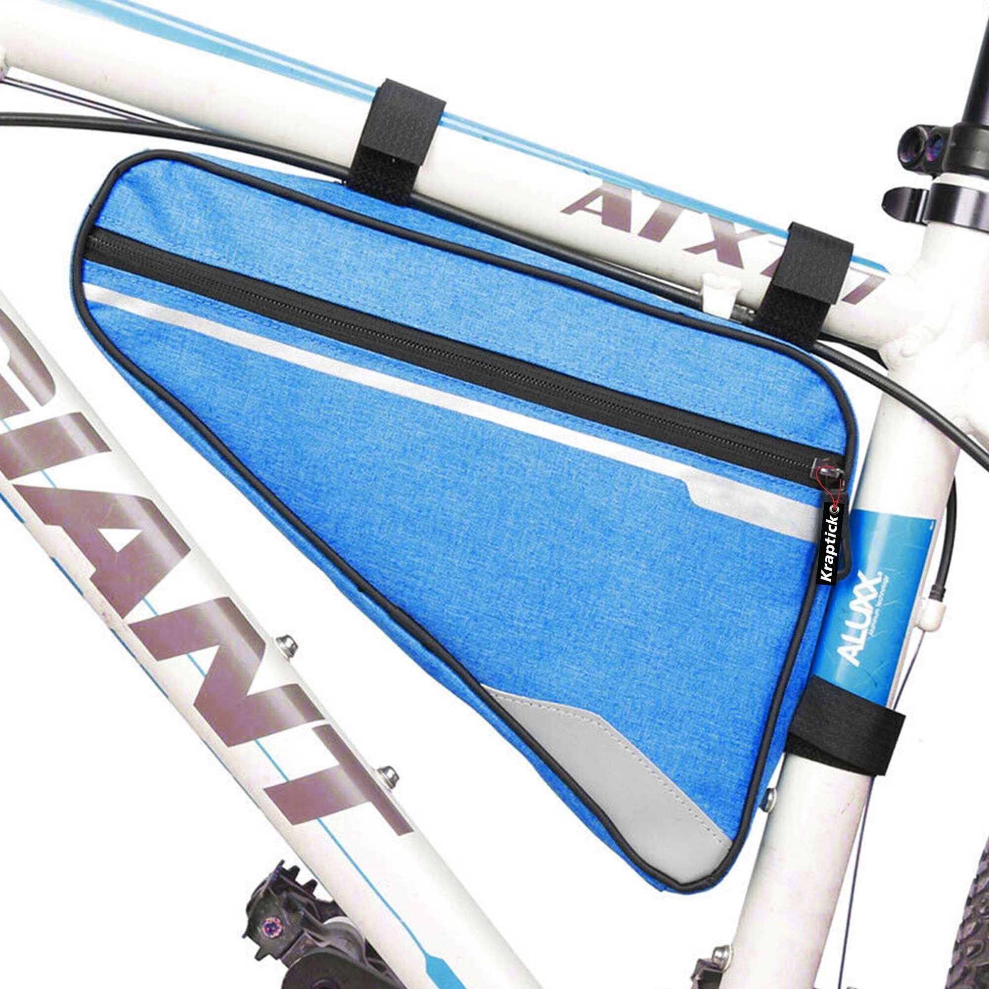 Kraptick Triangle Bike Bag [Waterproof] - Big Triangle Frame Bag for Bicycle for Lock, Tools, Cycle Accessories - Bike Pouch, Bike Bags with Reflective Straps and Plenty of Storage (Blue)