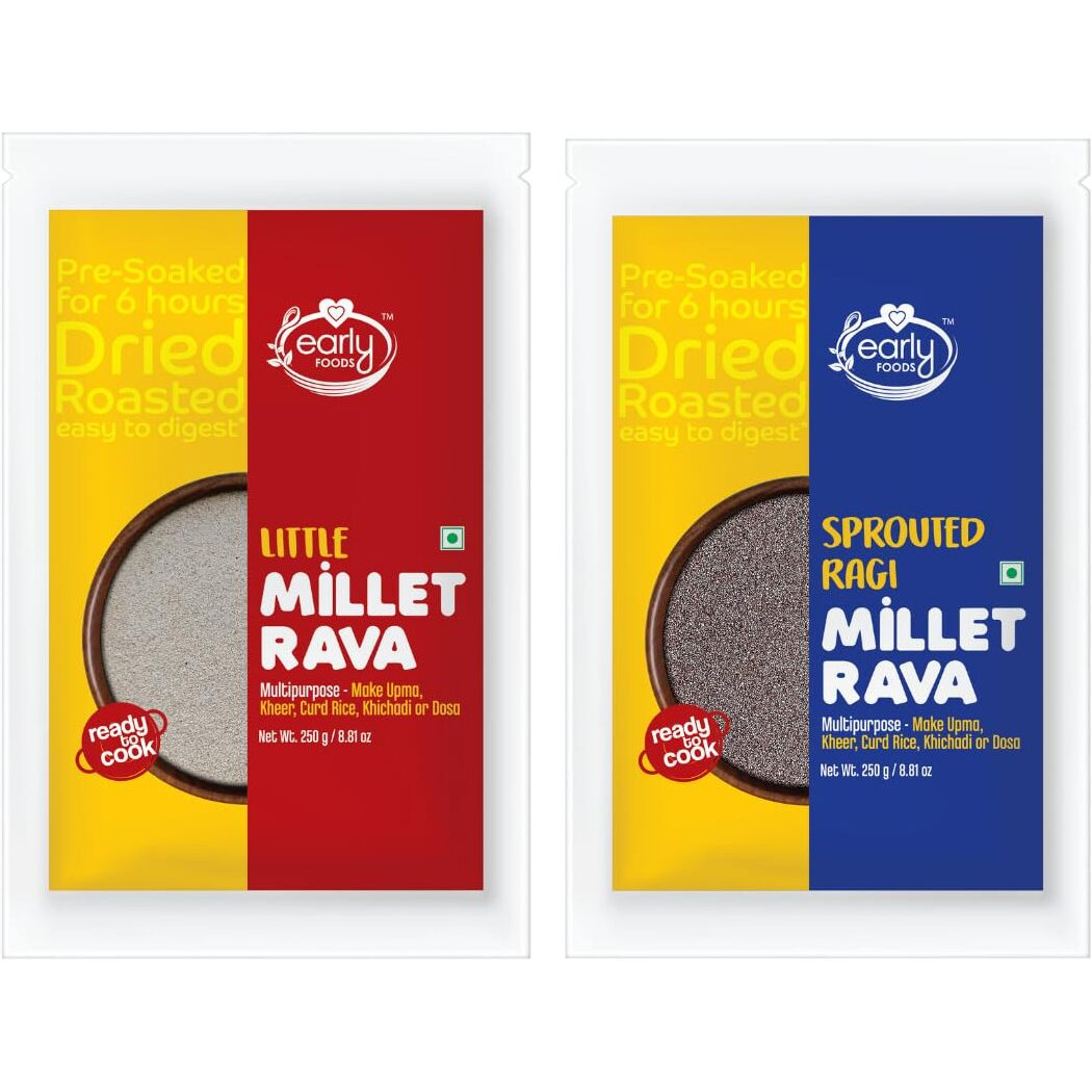 Early Foods  Assorted Pack of 2 - Little Millet & Sprouted Ragi/Finger Millet Rava | Instant Millet Suji | Roasted Millet Rava | Millet Idli Rava | Soaked for 6Hrs | Instant Breakfast Mix