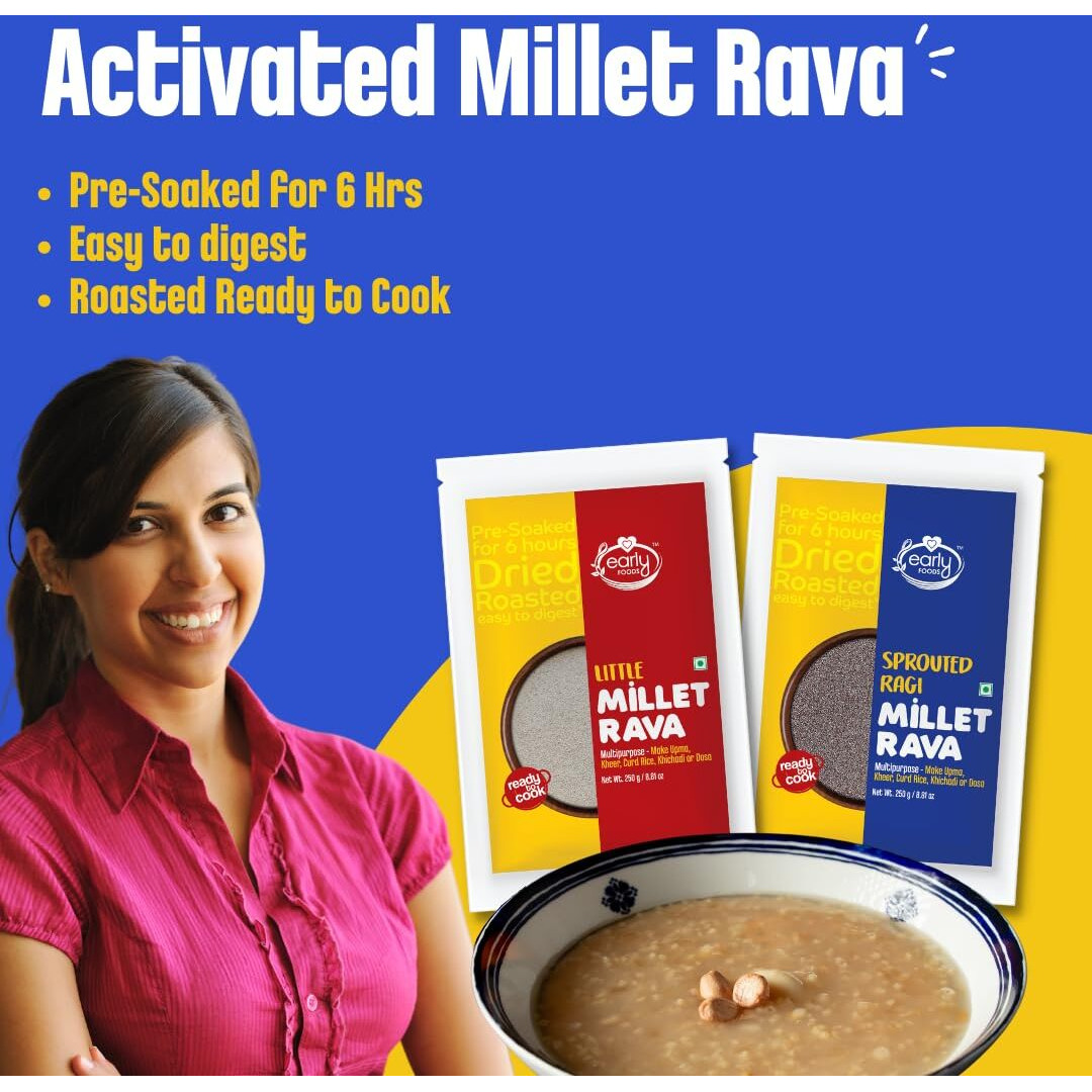 Early Foods  Assorted Pack of 2 - Little Millet & Sprouted Ragi/Finger Millet Rava | Instant Millet Suji | Roasted Millet Rava | Millet Idli Rava | Soaked for 6Hrs | Instant Breakfast Mix