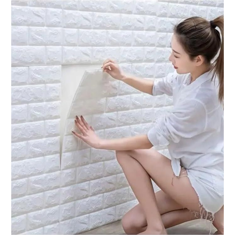 DRONTER 3D Brick Wallpaper PE Foam Self Adhesive Brick Design Wall Stickers/DIY Wallpaper for Home Hotel Living Room Bedroom Cafe Decor (70 x 77 CM) (White)