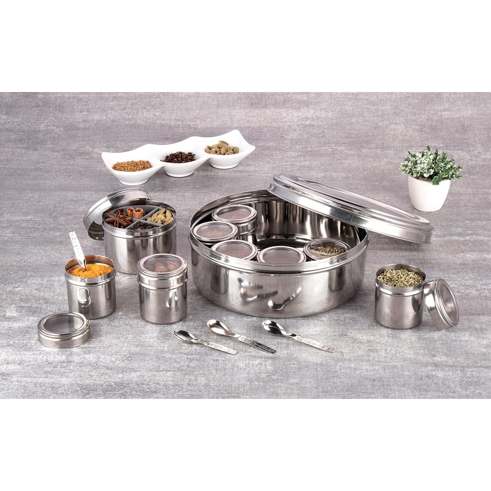 NATULIX 12 IN 1 Stainless Steel Masala Box for Kitchen | Spice Box | Masala Container | Masala Dani with individual See through lid 4 Spoons | Silver (2.5 Ltr | X-Large | 22.5cm)