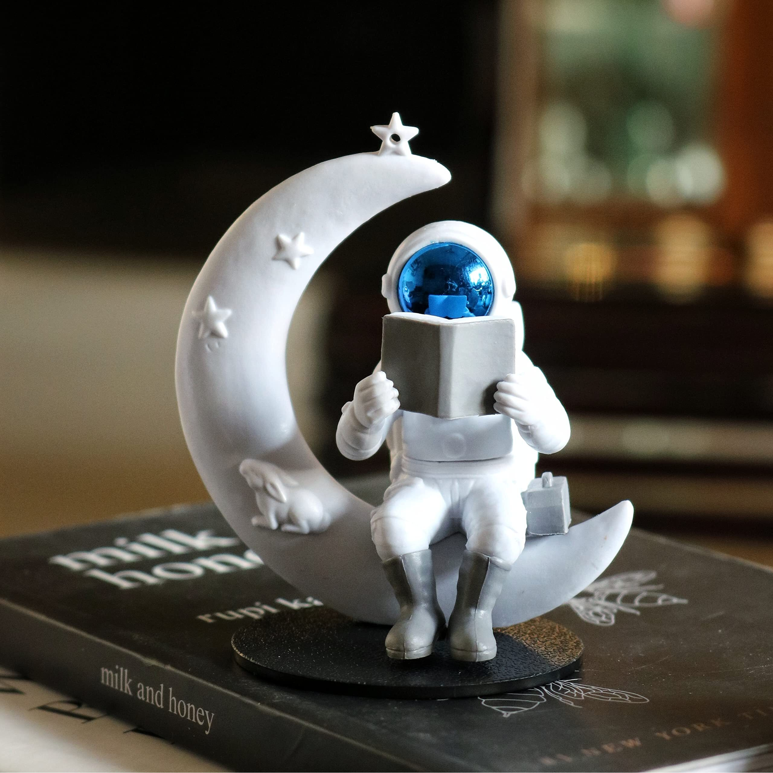 Street27 Astronaut Figurine Showpiece for Home Dcor Idols for Office Desk Table Astronaut Toy for Car Dashboard, Statue for Gift Gifting Items Birthday Decoration (Reading on Moon - Blue)