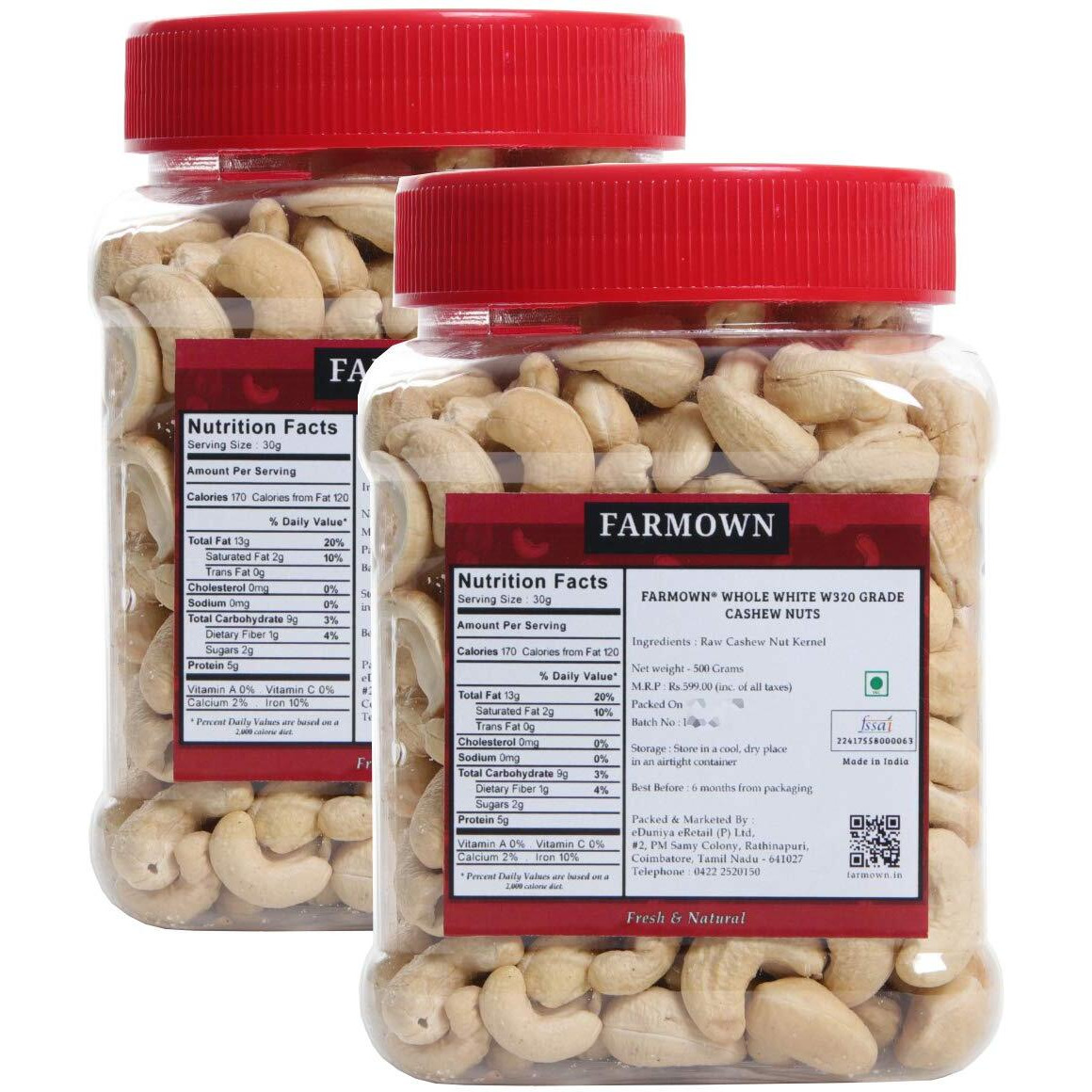 FarmOwn Whole Cashew Nut W320 Regular Size Cashews Kaju 1Kg