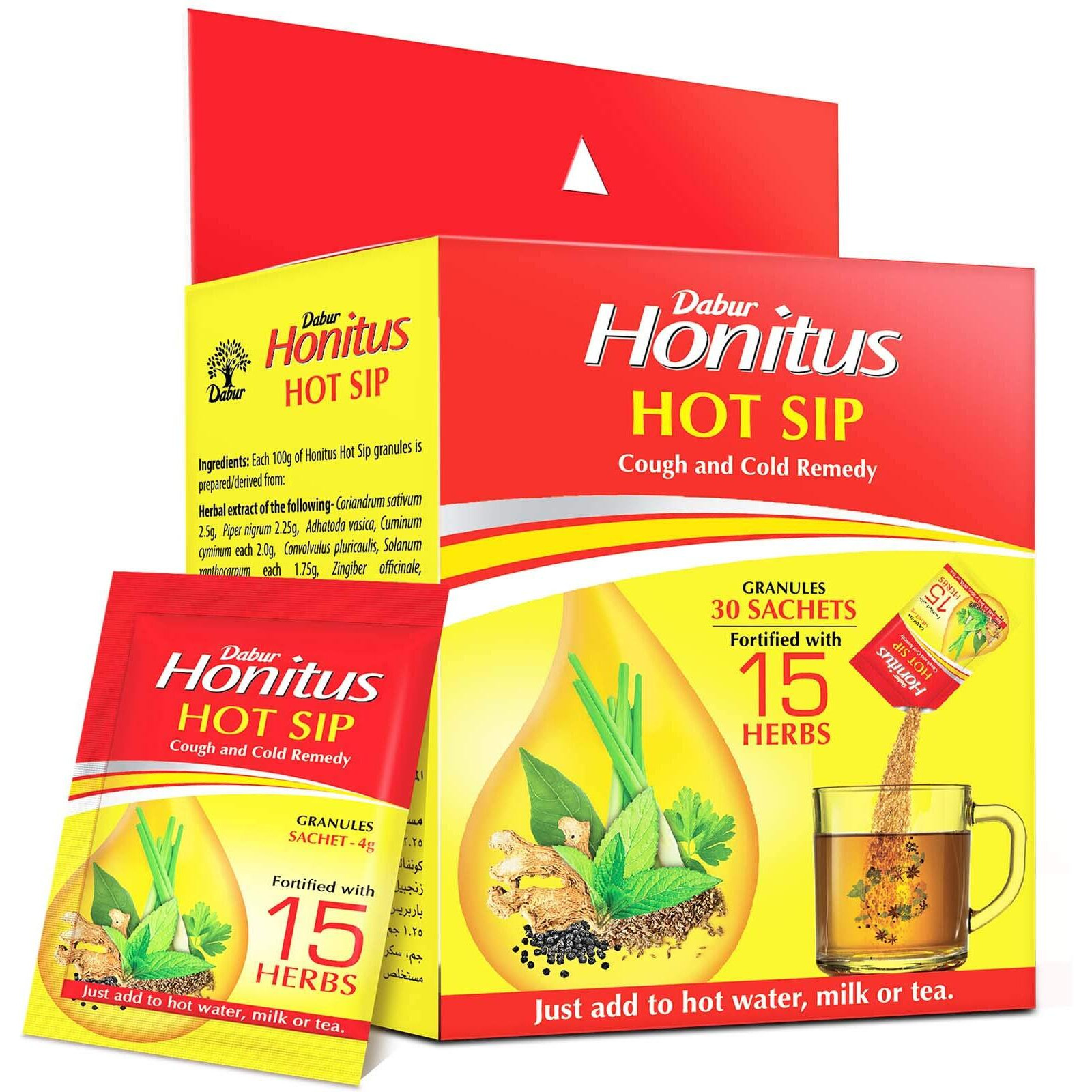 Dabur Honitus Hot Sip - Pack of 30 Sachets ( 4gx30 )| 100% Ayurvedic Kadha | Provides Instant Relief from Cough, Cold & Sore Throat | Natural Immunity Booster | Unique Blend of 15 Ayurvedic Herbs