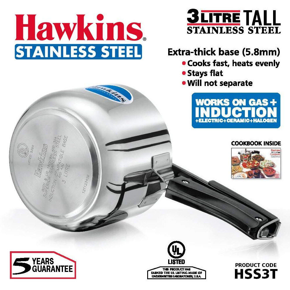 Hawkins 3 Litre Pressure Cooker, Stainless Steel Inner Lid Cooker, Tall Design Cooker, Induction Cooker, Silver (HSS3T)