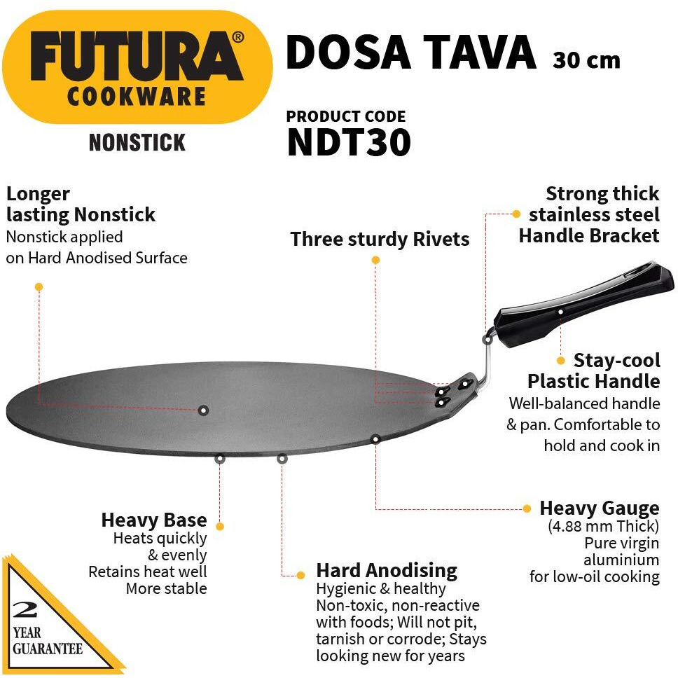 Hawkins Futura 30 cm Dosa Tava, Non Stick Dosa Tawa, Flat Dosa Tawa, Black (NDT30)