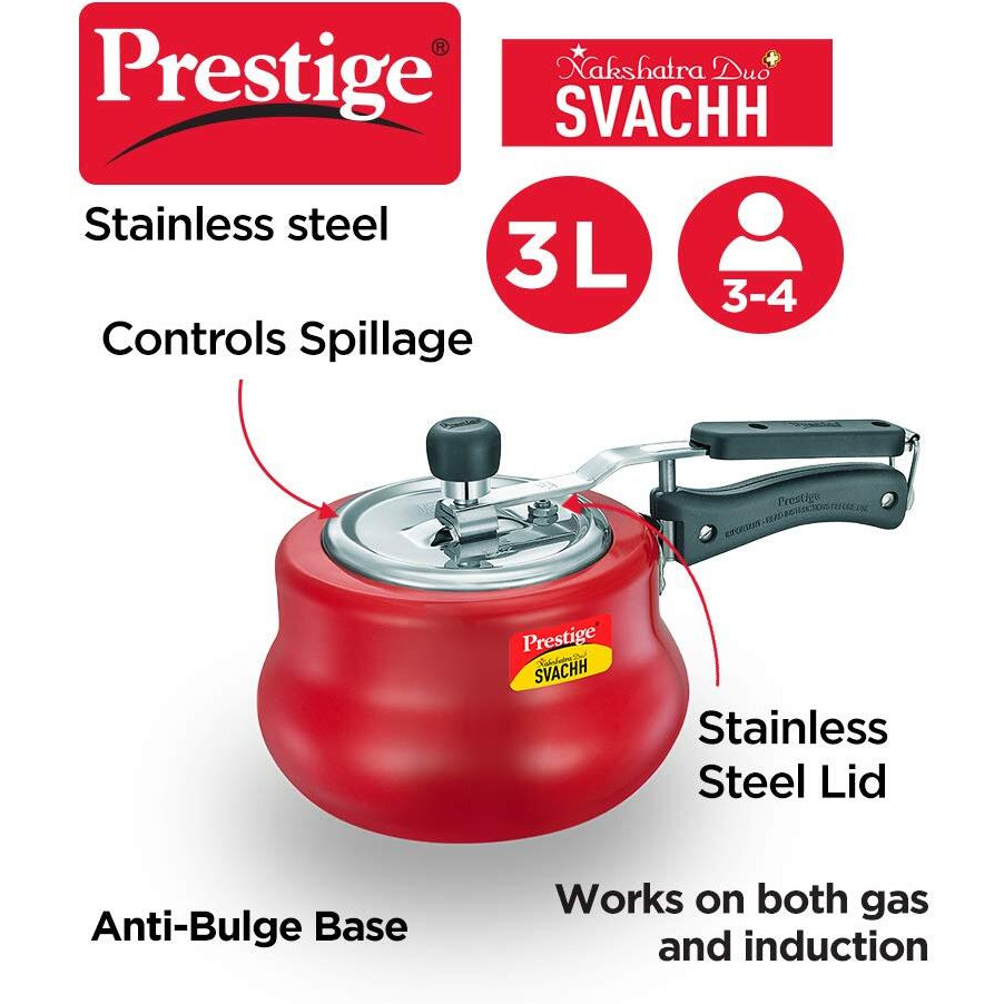 Prestige Svachh, 10752, 3 litre, Nakshatra Duo Red Handi, with Deep Lid for Spillage Control, Aluminium, Inner Lid