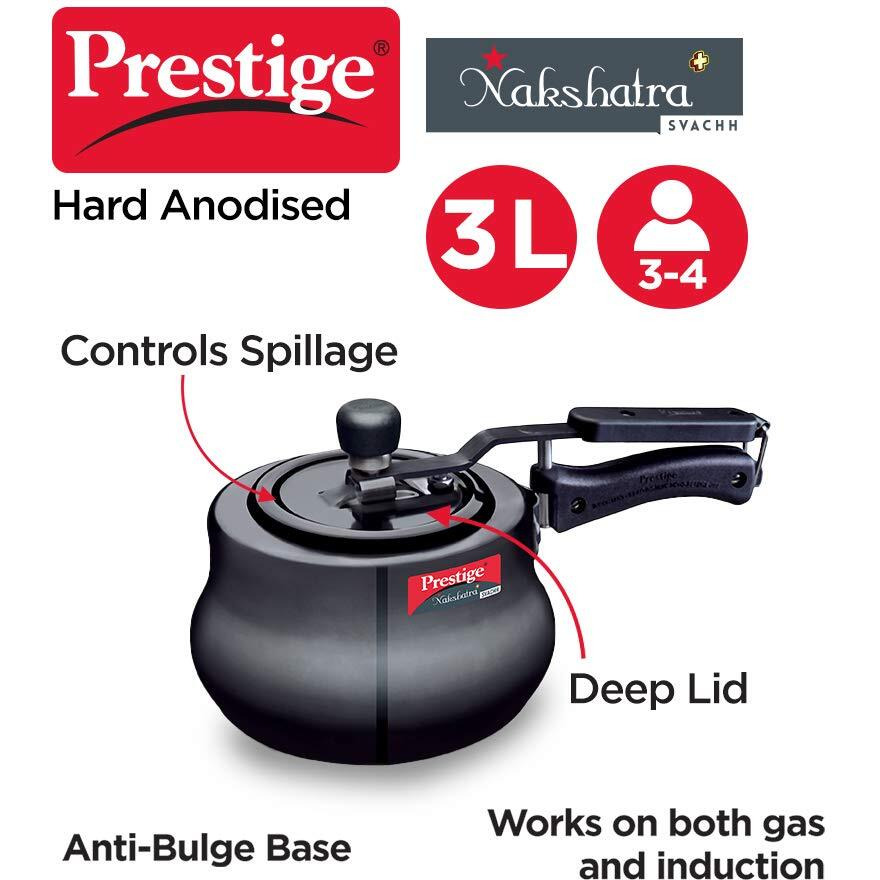 Prestige 3 Litres Nakshatra Plus Svachh Induction Base Inner Lid Hard Anodized Pressure Cooker | Black | Deep lid Spillage Control | Handi | Anti-Bulge Base | Sturdy Handle