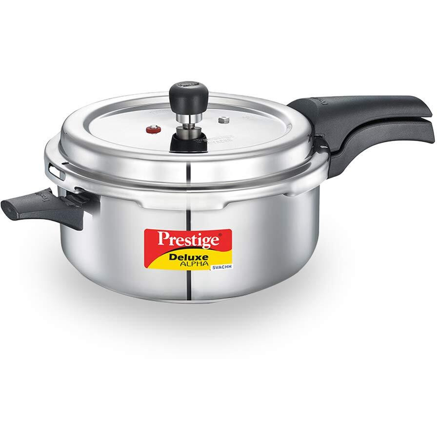 Prestige 5L Deluxe Alpha Svachh stainless steel Pressure Cooker|Outer lid|Ideal for 5-7 persons|Deep lid for spillage control|Gas & induction compatible|Silver