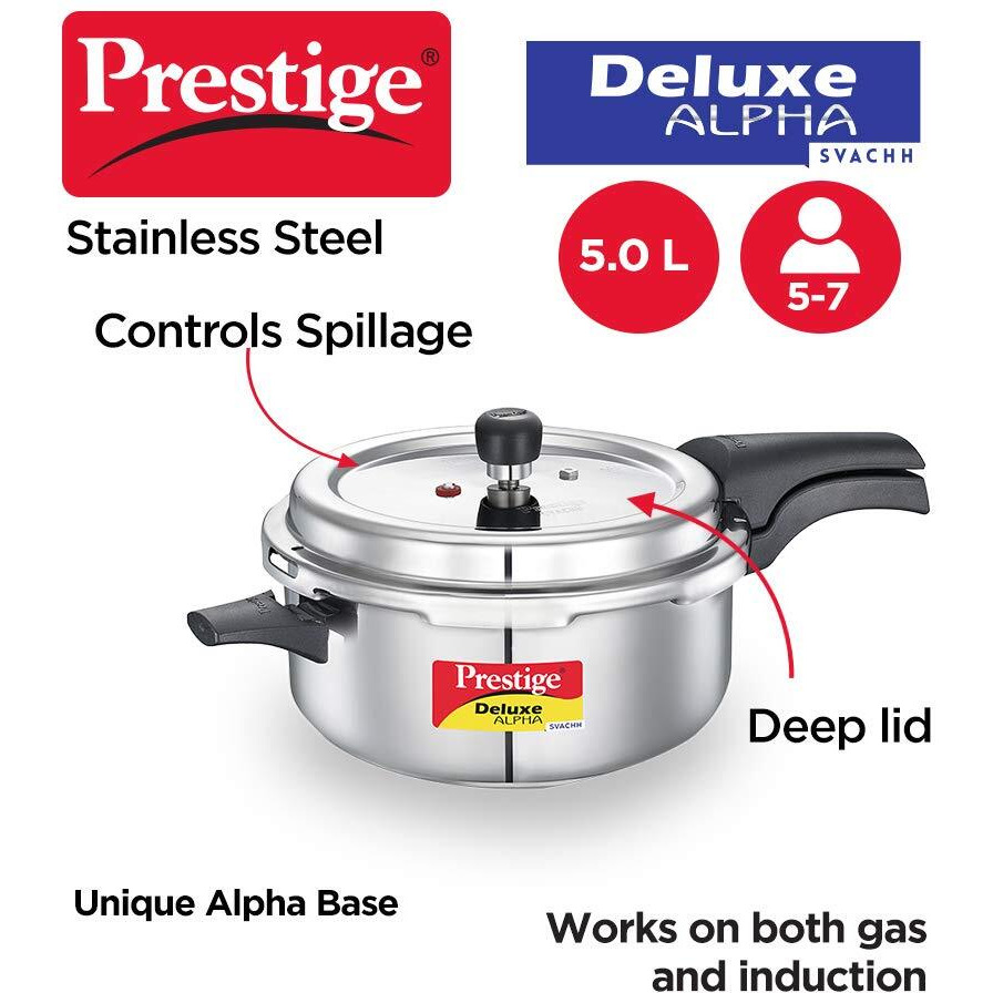 Prestige 5L Deluxe Alpha Svachh stainless steel Pressure Cooker|Outer lid|Ideal for 5-7 persons|Deep lid for spillage control|Gas & induction compatible|Silver