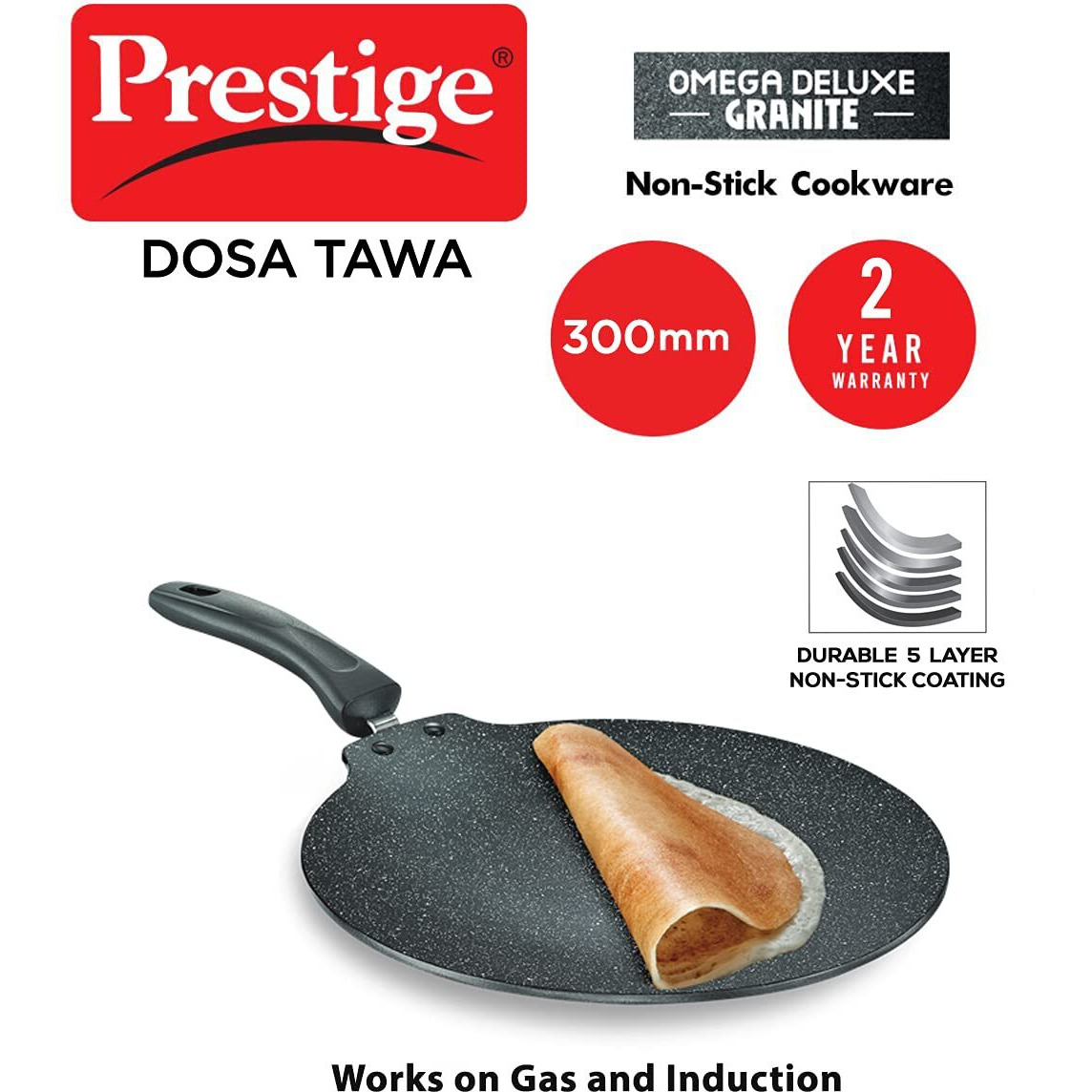 Prestige Omega Deluxe Granite 30cm Non-Stick Dosa Tawa|Scratch and Abrasion Resistant |Gas & Induction Compatible|2 Years Warranty