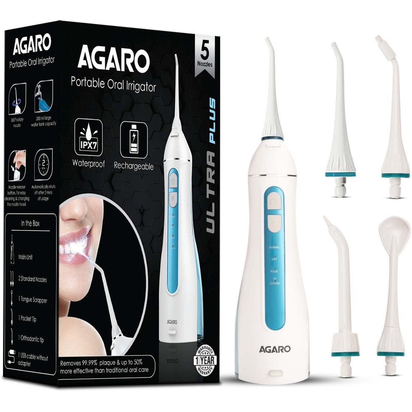 AGARO Ultra Plus Portable Dental Flosser for teeth, 5 Nozzles, Portable,Cordless & Rechargeable,4 Cleaning Modes,IPX7 Waterproof with 200ml Watertank, Flossing at Home & Travel,Oral Flosser,Oral Irrigator