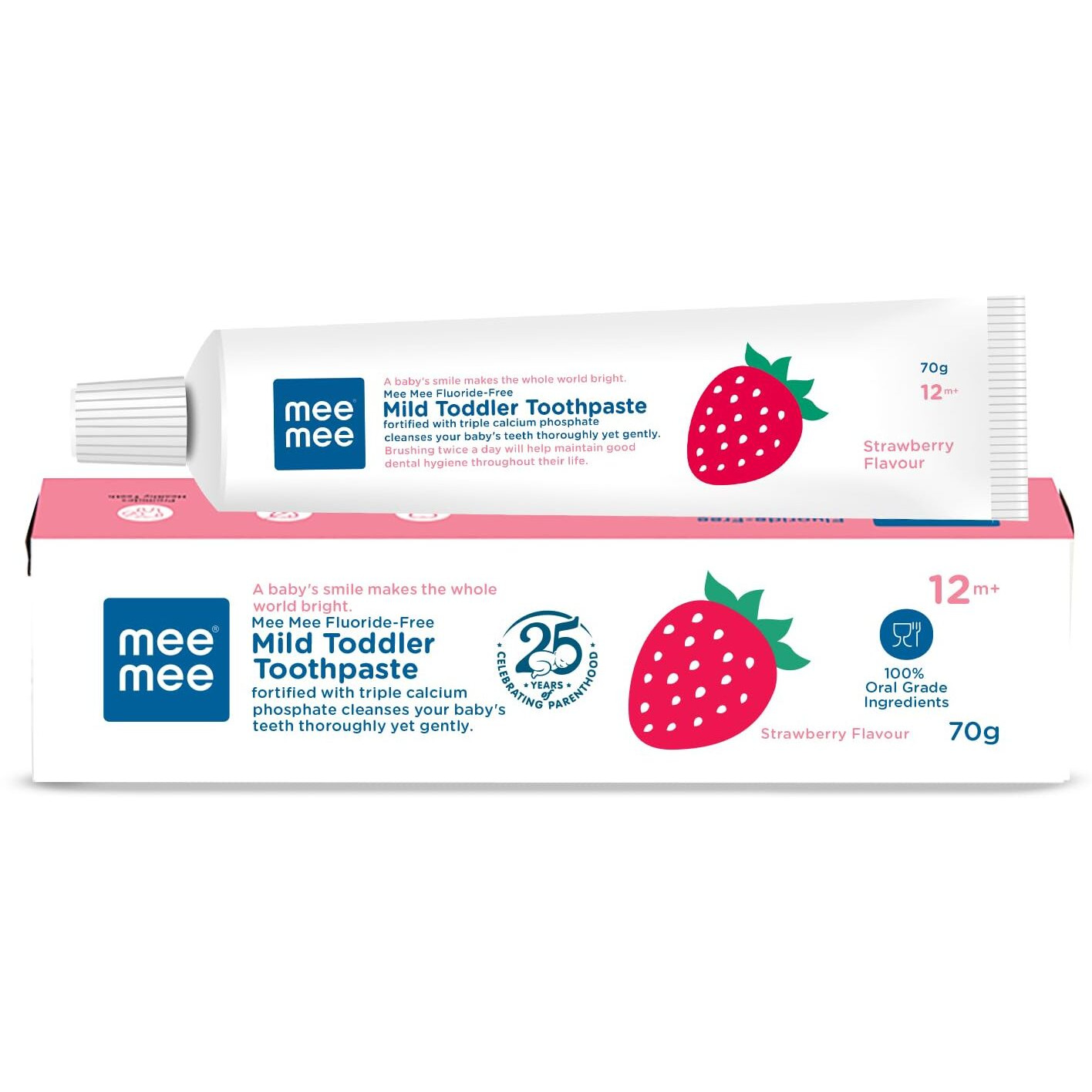 Mee Mee baby fluoride free baby tooth paste for babies & toddlers of 1 to 5 Years for cavity protection, oral care, 70gram (Strawberry, pack of 1)