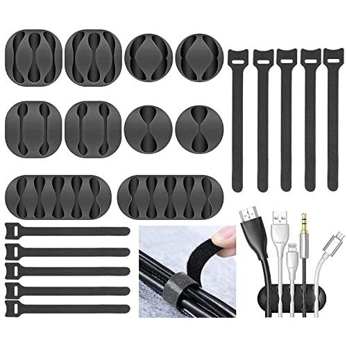 Zerfa 20pcs Cord Cable Wire Holder Protector Organizer Accessories Self Adhesive Cable Straps Hook and Loop Cable Ties for Home, Office, Car, Desktop, Laptop, Computer (Black)