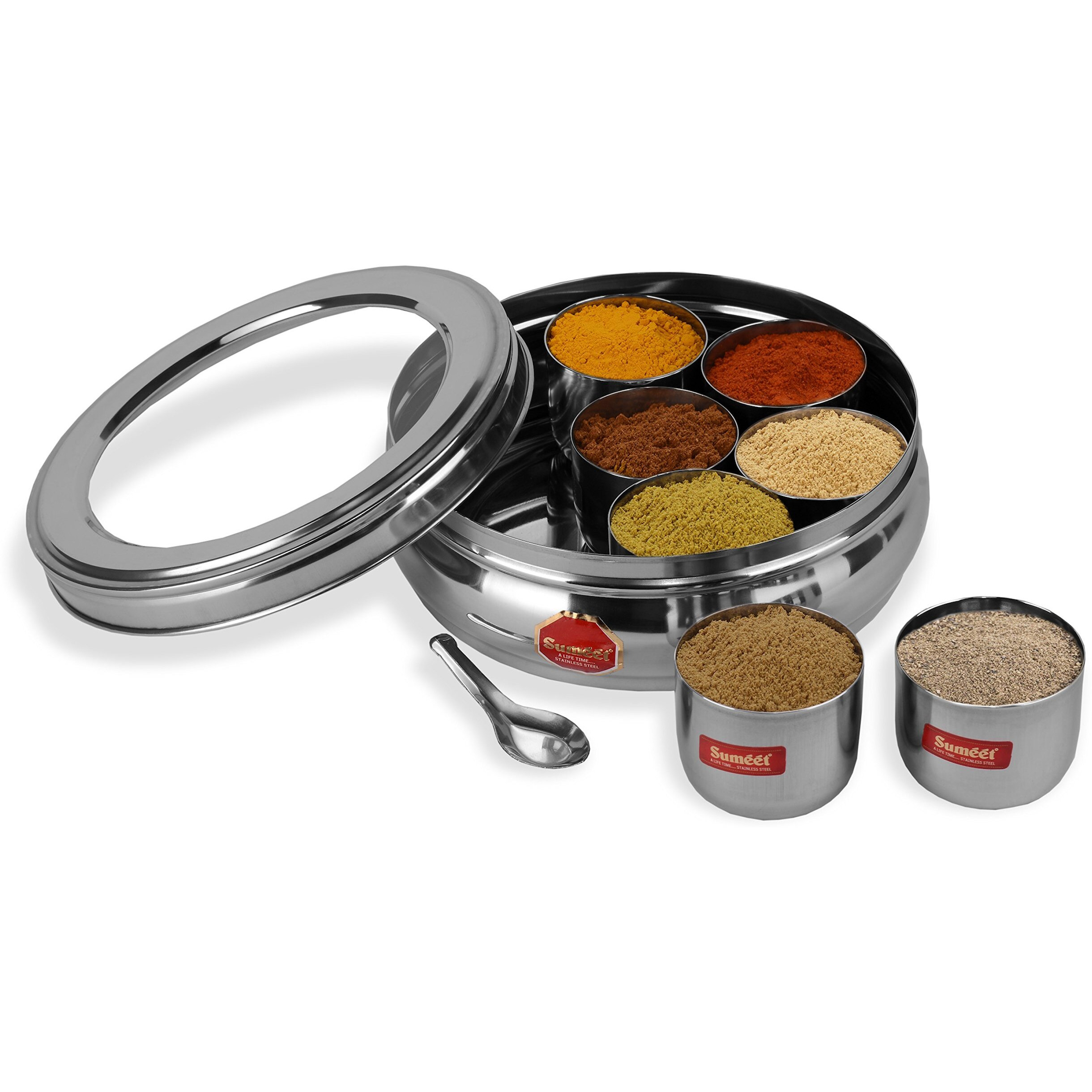 Sumeet Stainless Steel Belly Shape Masala (Spice) Box/Dabba/Organiser with See Through Lid with 7 Containers and Small Spoon (Medium)