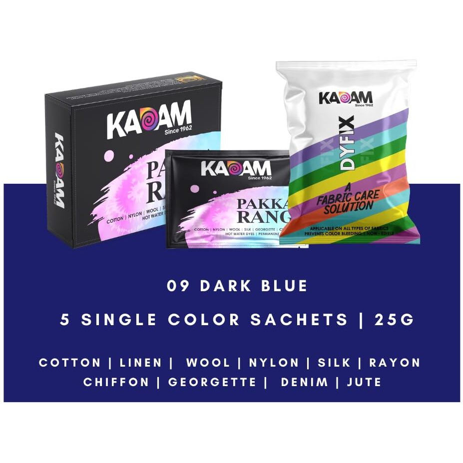 Kadam Pakka Rang Fabric Dye Colour | 25g Pack | Includes DyFix Color Fixer | Permanent Fabric Dyes for Old Faded Jeans and Clothes (Dark Blue)