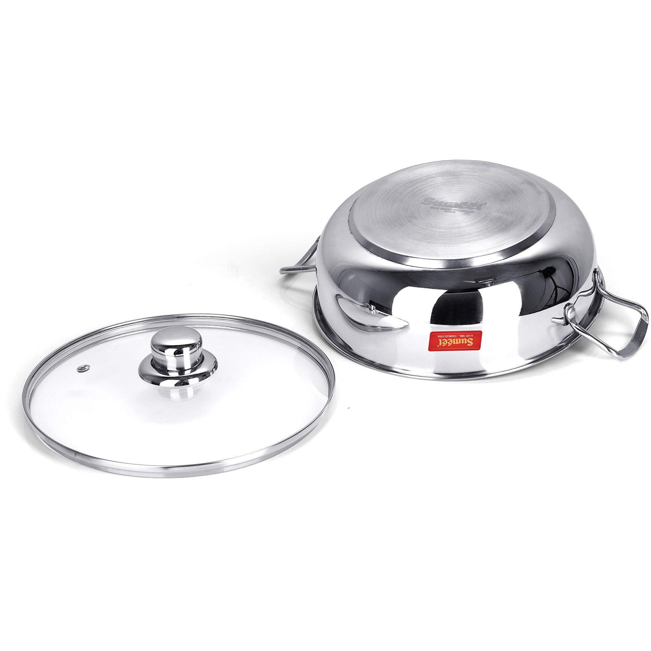 Sumeet Stainless Steel Induction Bottom (Encapsulated Bottom) Kadhai With Glass Lid Size No.13 (2.3 LTR) Kadhai 23.5 cm with Lid